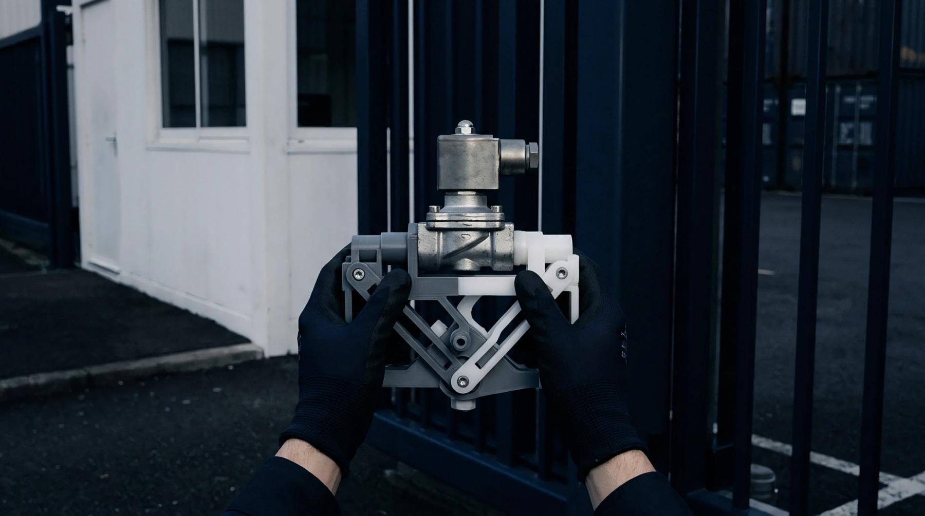 Two gloved hands hold a metal solenoid valve assembly on a custom frame in an industrial area featuring a gate and shipping containers.