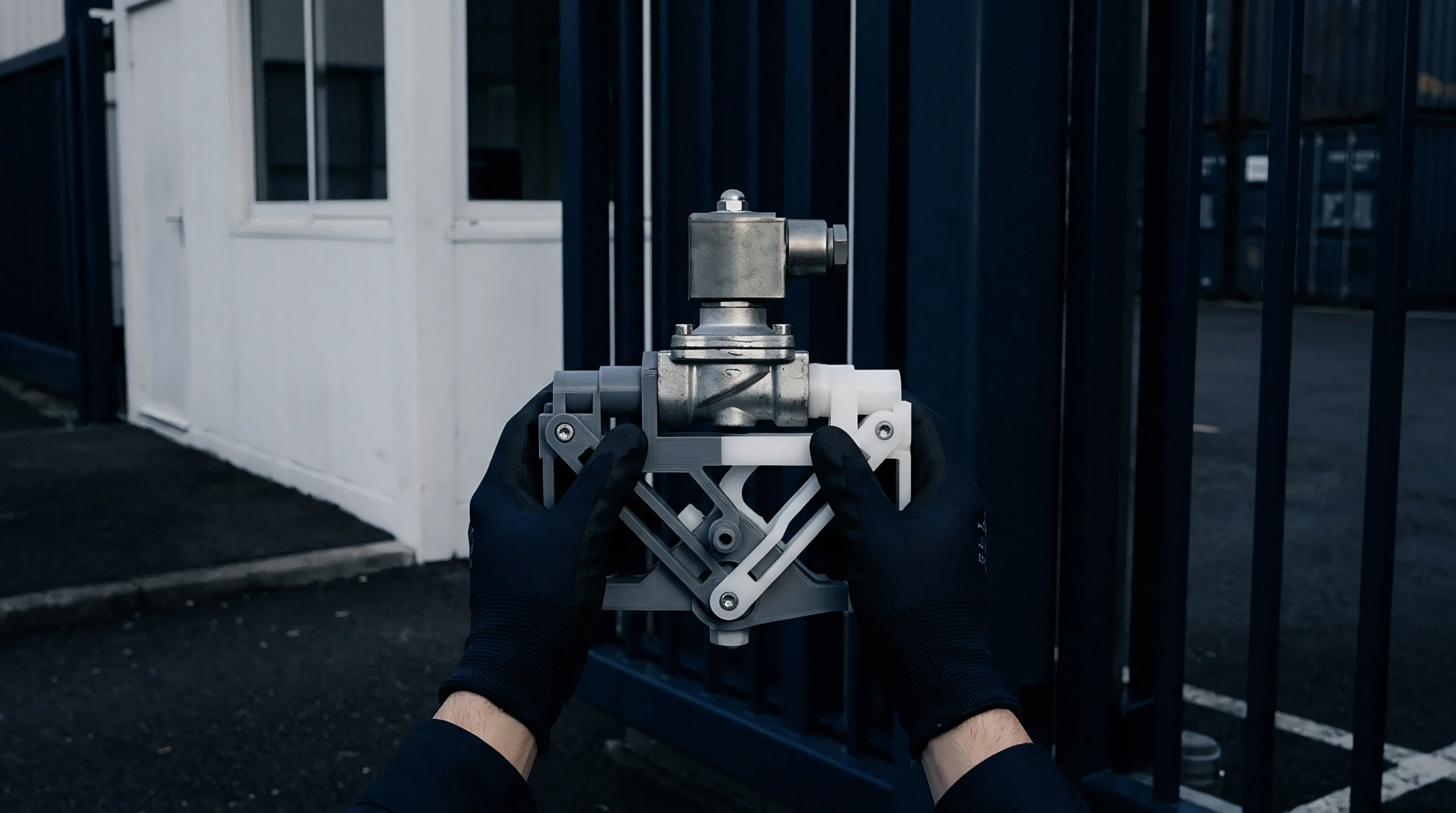 Two gloved hands hold a metal solenoid valve assembly on a custom frame in an industrial area featuring a gate and shipping containers.