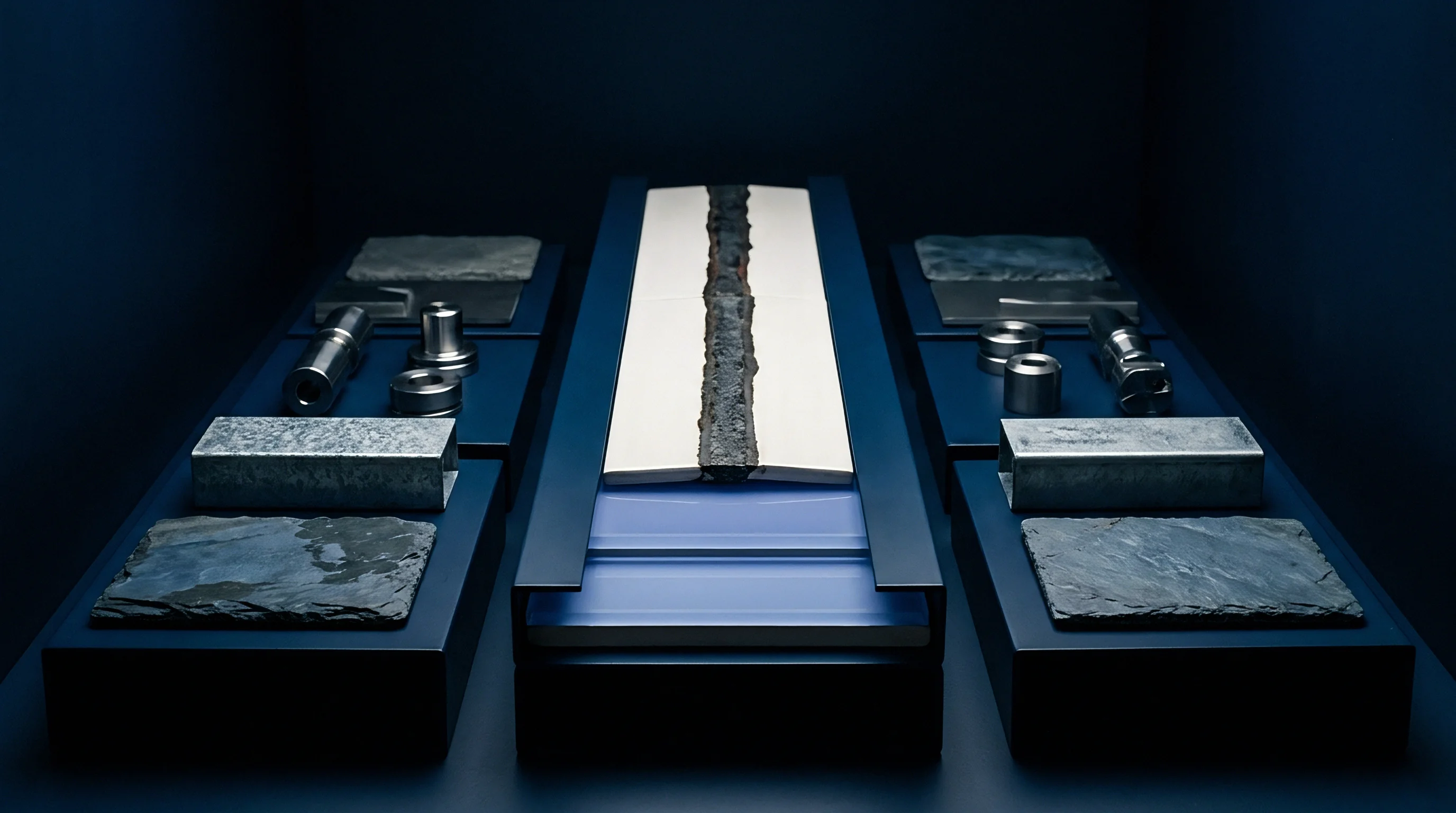 Precision machined metal parts, structural tubing, and welded metallurgical specimens rest on dark display surfaces inside an analytical laboratory.