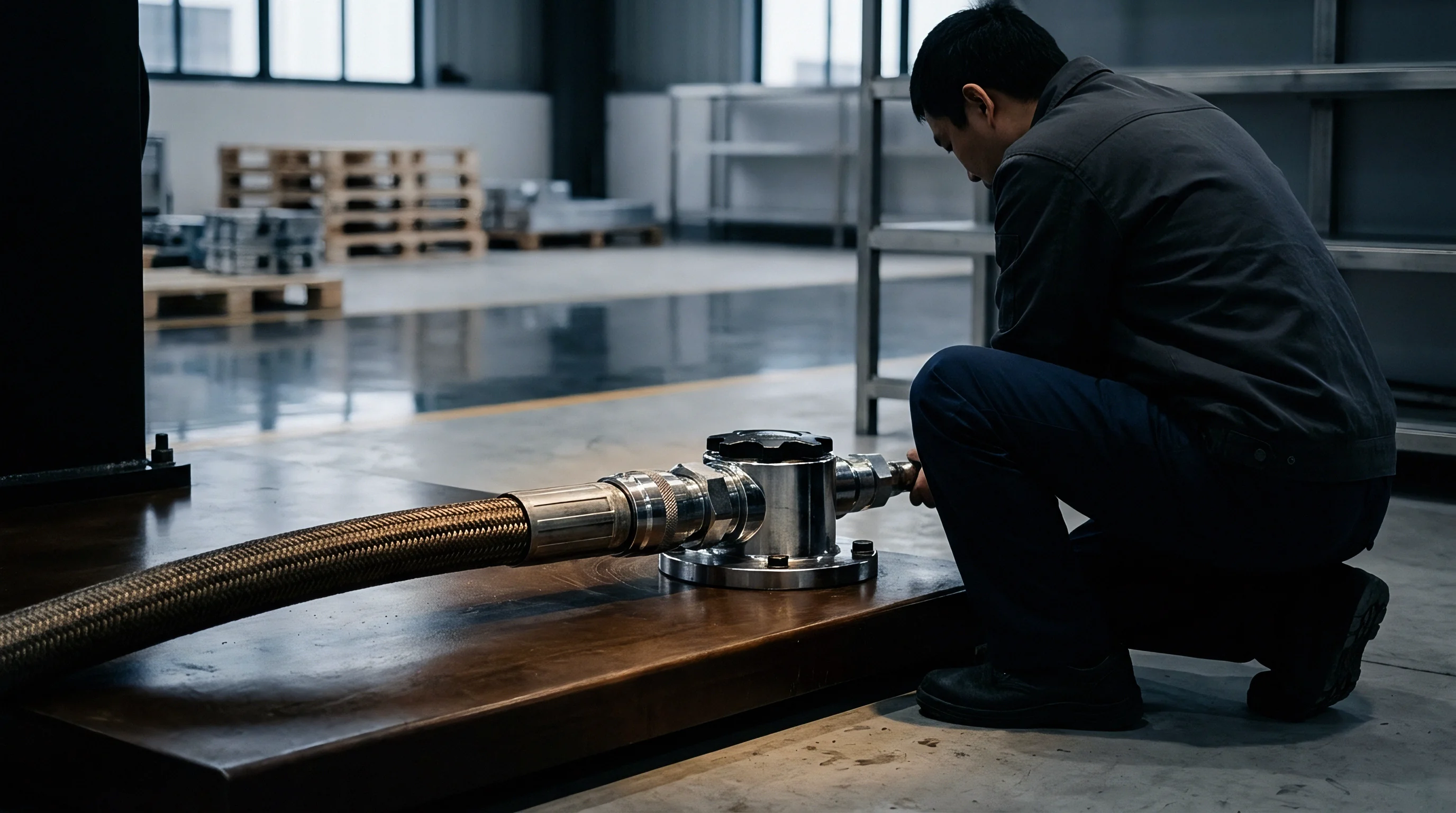 An industrial operator in grey workwear connects a braided metal hose assembly on a wooden platform inside a spacious factory warehouse.