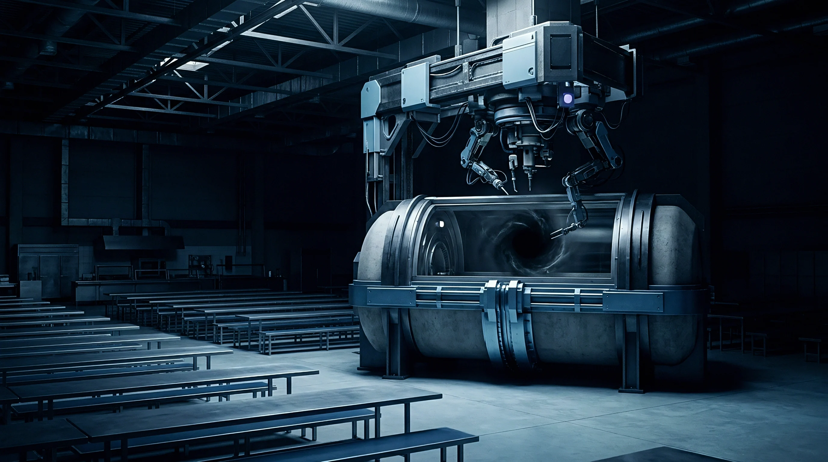 Heavy industrial warehouse architecture houses a large metallic containment cylinder suspended beneath automated robotic gantry machinery above concrete flooring in this digital render.