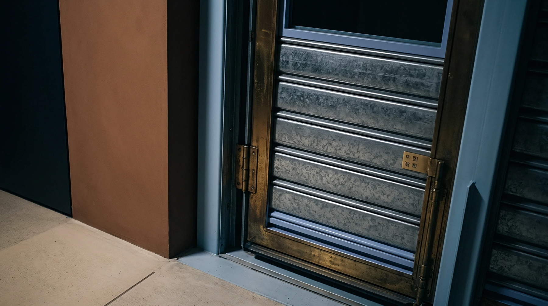 Galvanized steel slats form a heavy industrial security door set within a reinforced metal frame inside a manufacturing facility.