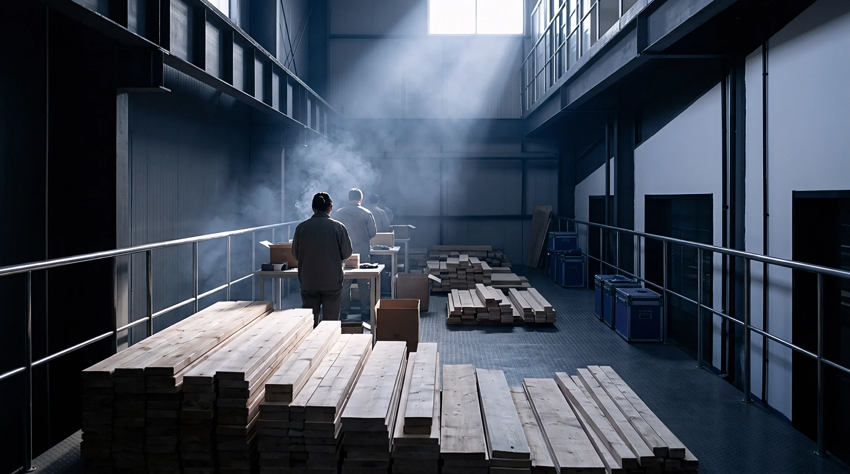 Workers stand near stacked timber materials along an elevated industrial factory mezzanine illuminated by natural sunlight filtering through overhead windows.