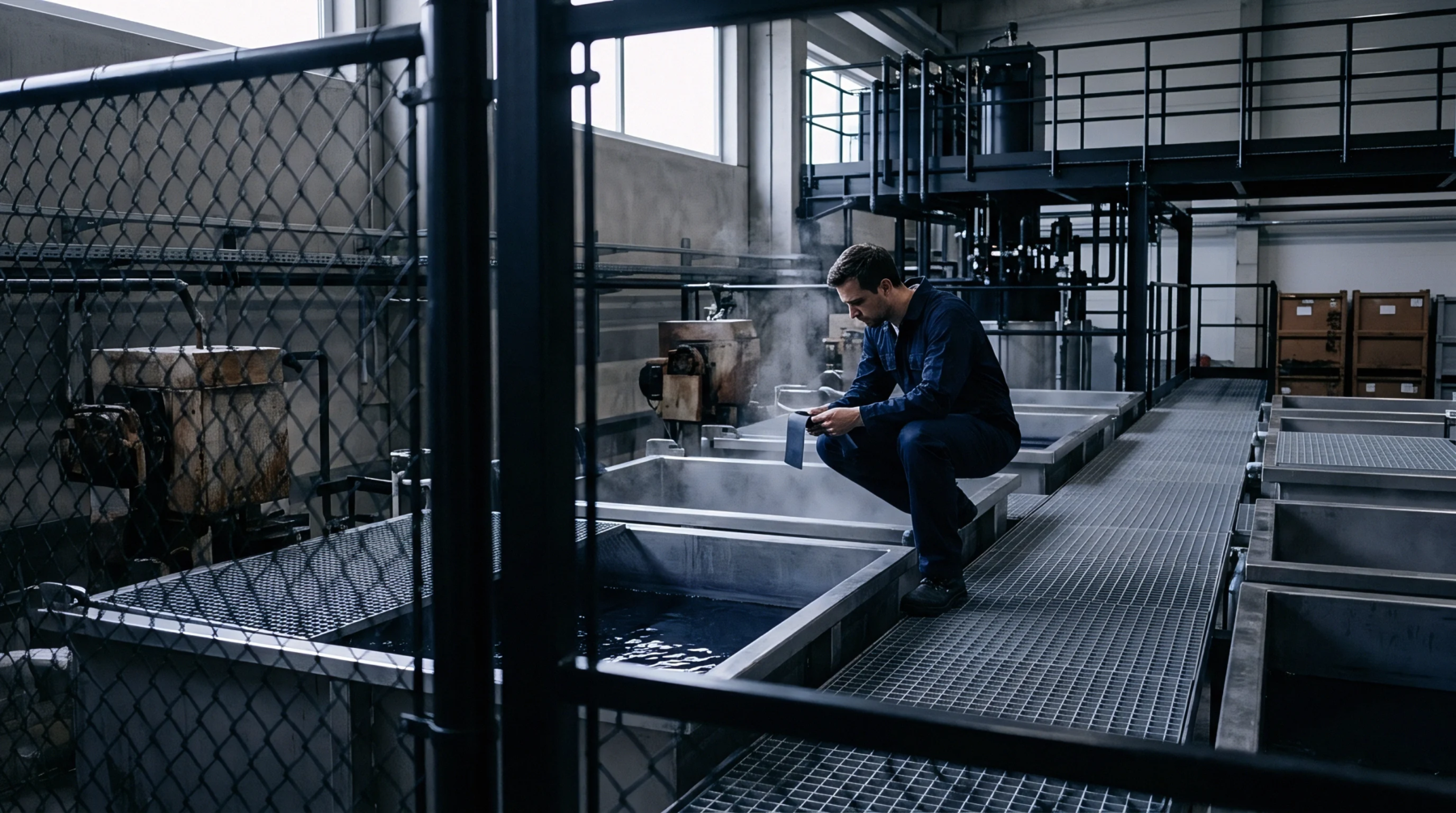 An operator in blue workwear squats on a raised metal grating walkway above steaming industrial vats inside a manufacturing facility.