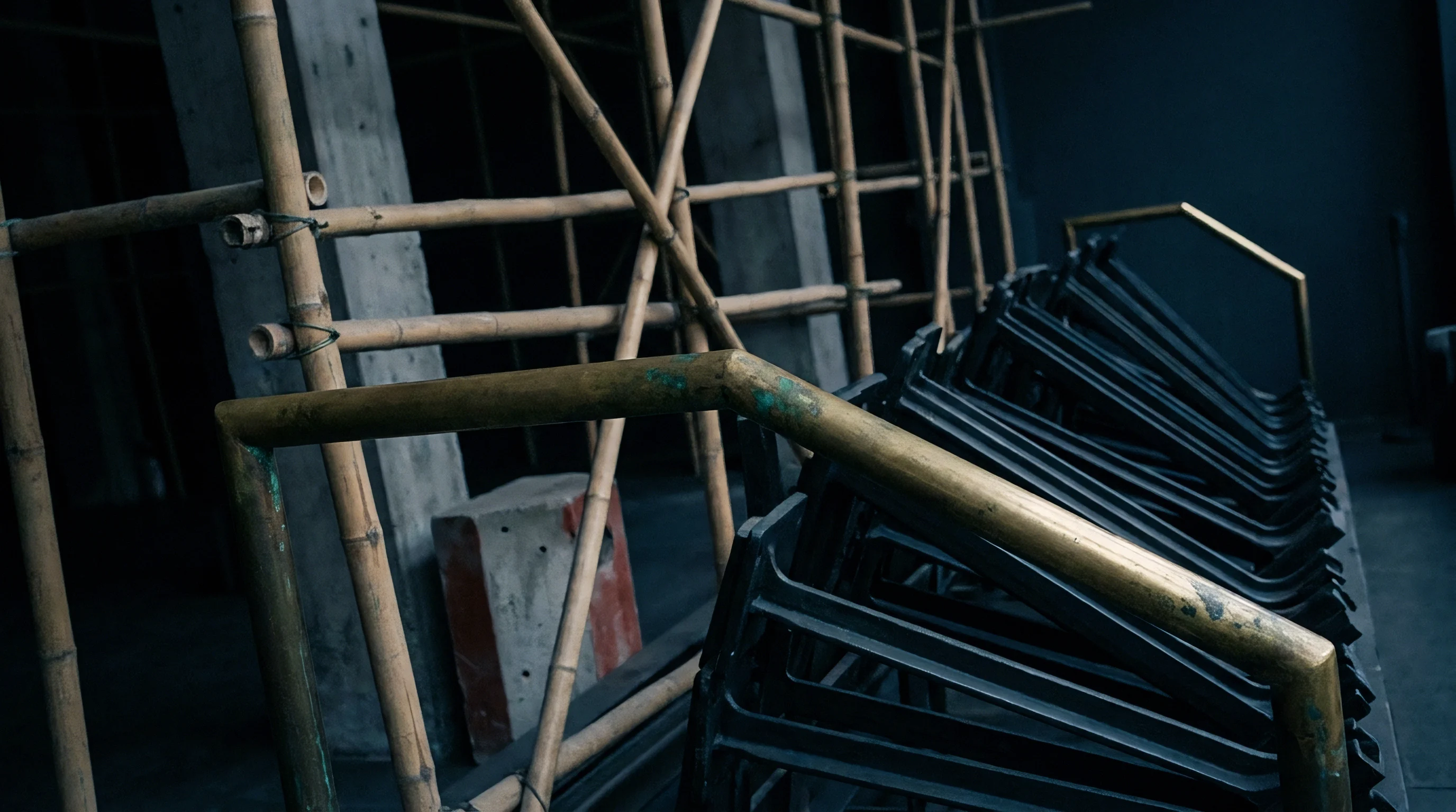 Cast metal components stack neatly beside traditional bamboo scaffolding within an industrial manufacturing facility under ambient lighting.