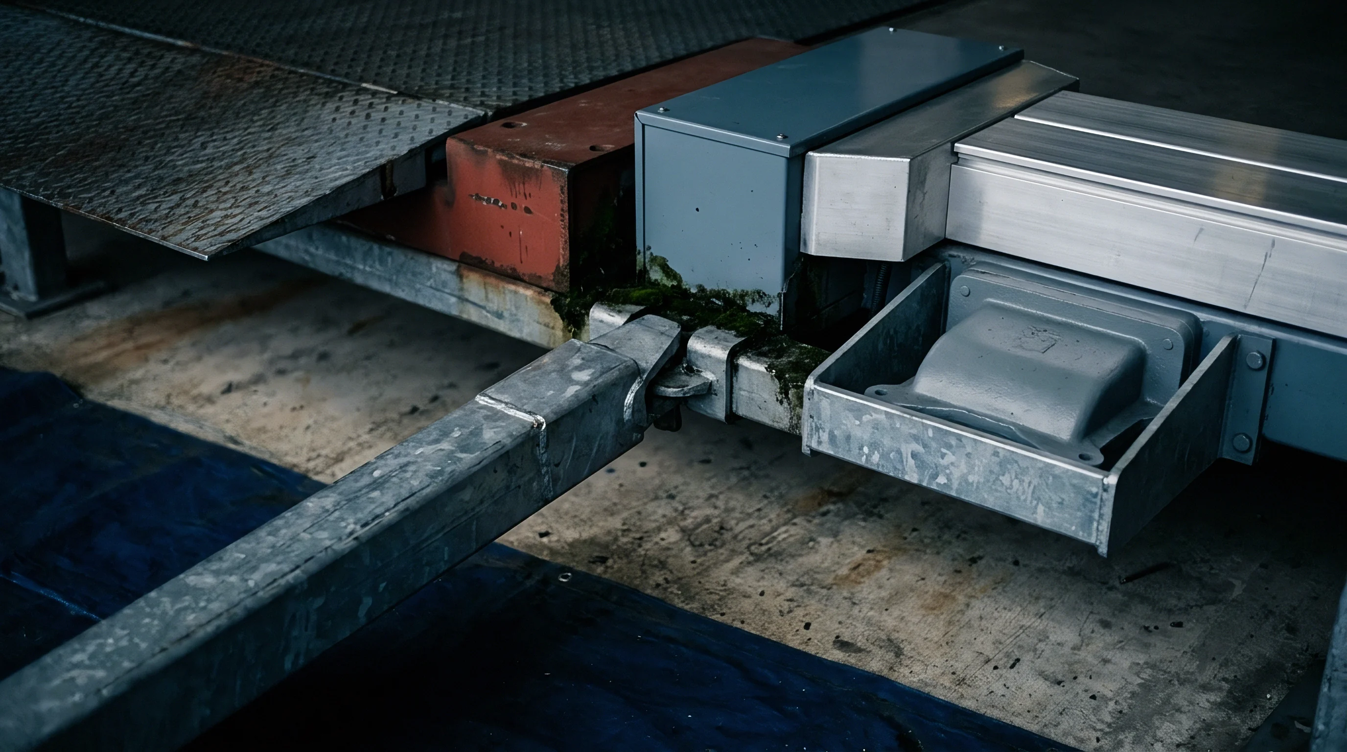 Galvanized steel mechanical linkages and housing components of an industrial loading dock leveler sit on concrete warehouse flooring.