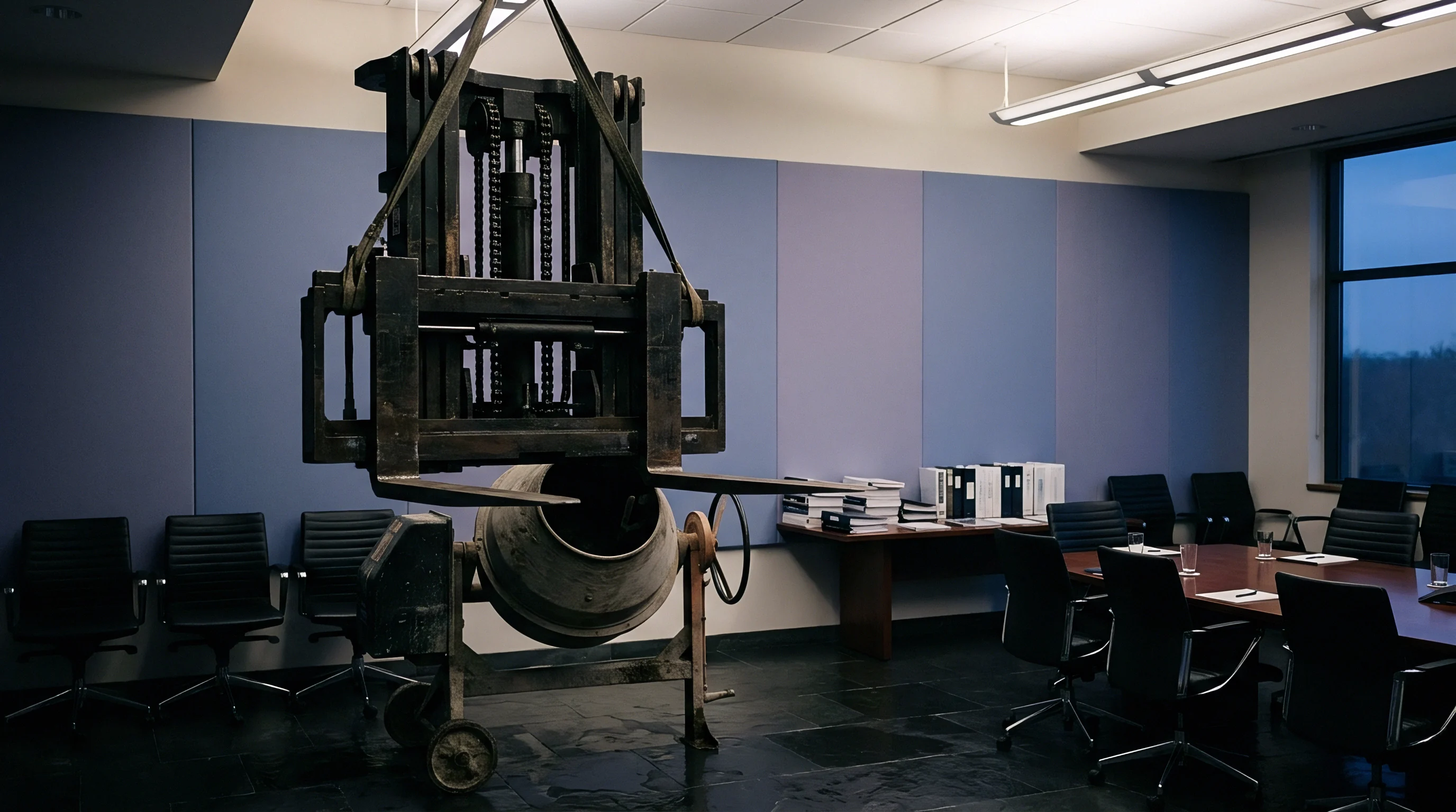A steel forklift mast hangs over a portable concrete mixer positioned inside an empty modern corporate boardroom featuring black chairs and long wooden tables.