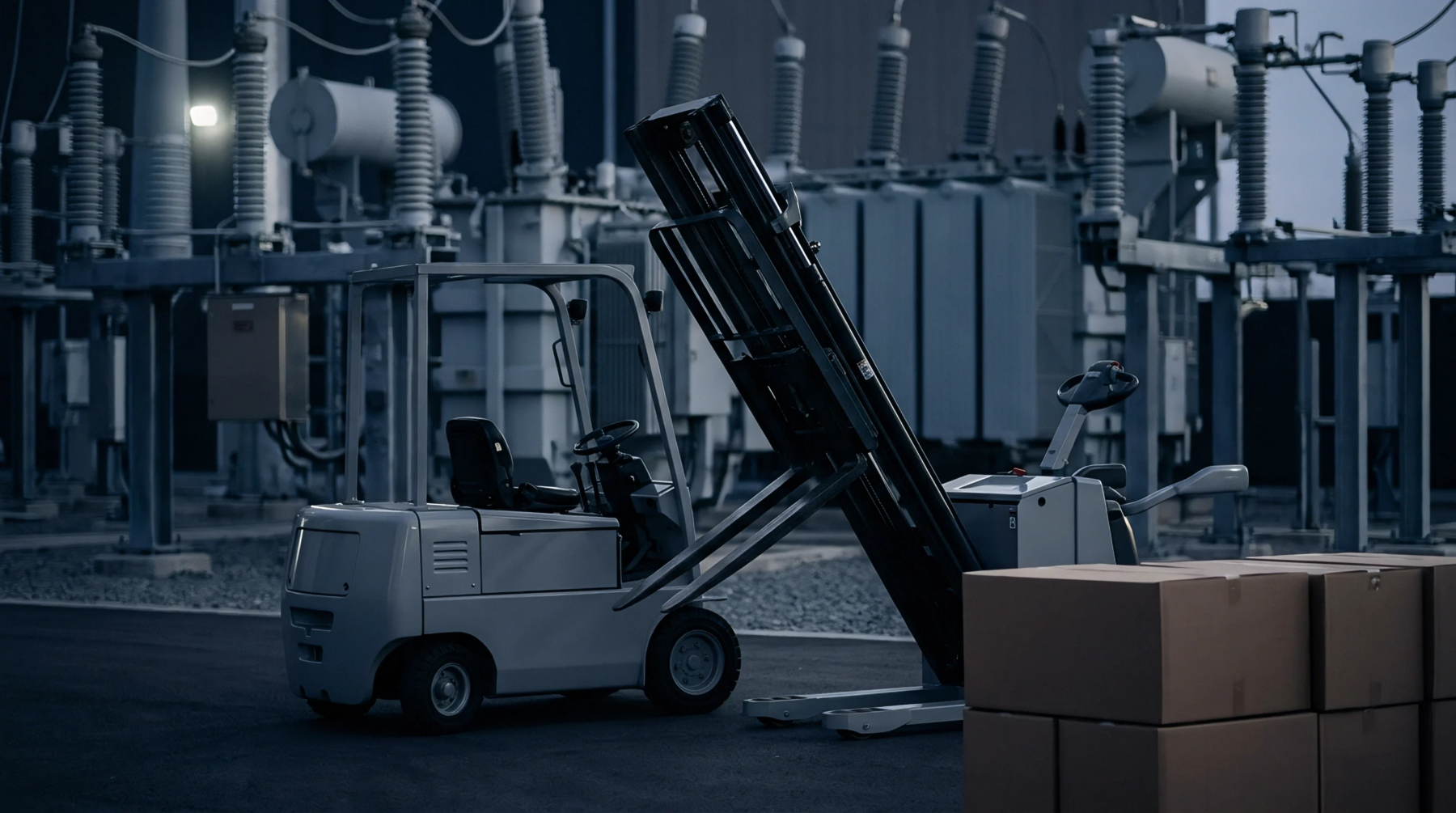 A gray forklift and a pallet jack stand near stacked brown cardboard boxes within an outdoor electrical substation facility under dim artificial lighting.
