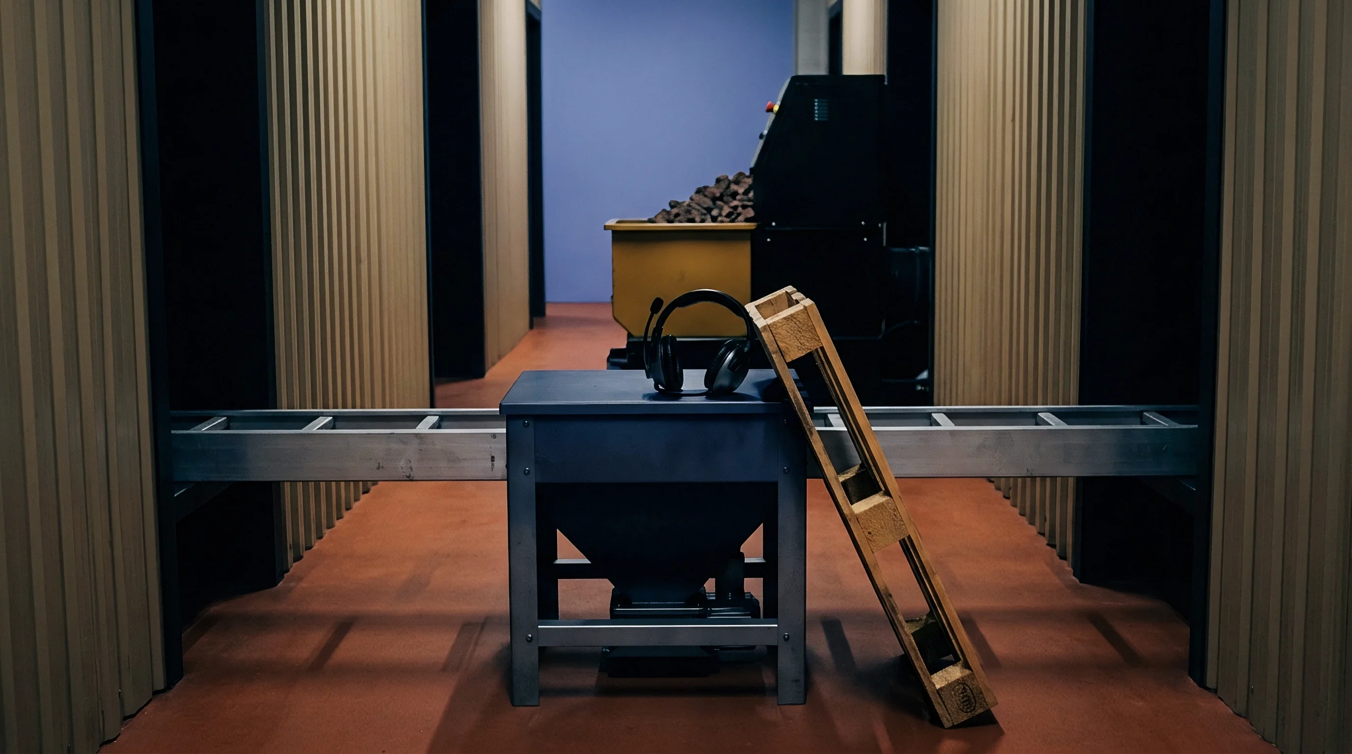 A metal hopper unit sits below a modular conveyor line within a corrugated industrial manufacturing facility floor.