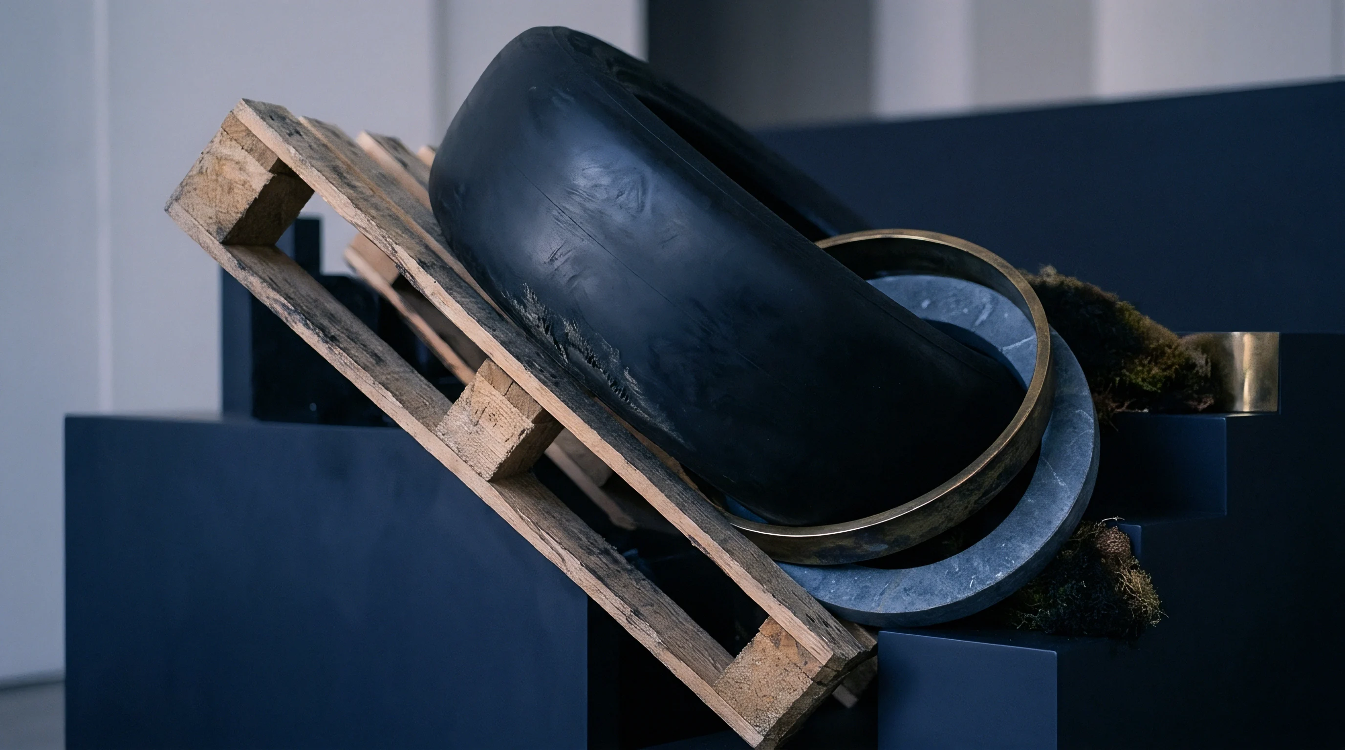 A wooden pallet supports a worn rubber tire alongside stacked metal rings and patches of organic moss within a controlled industrial environment.