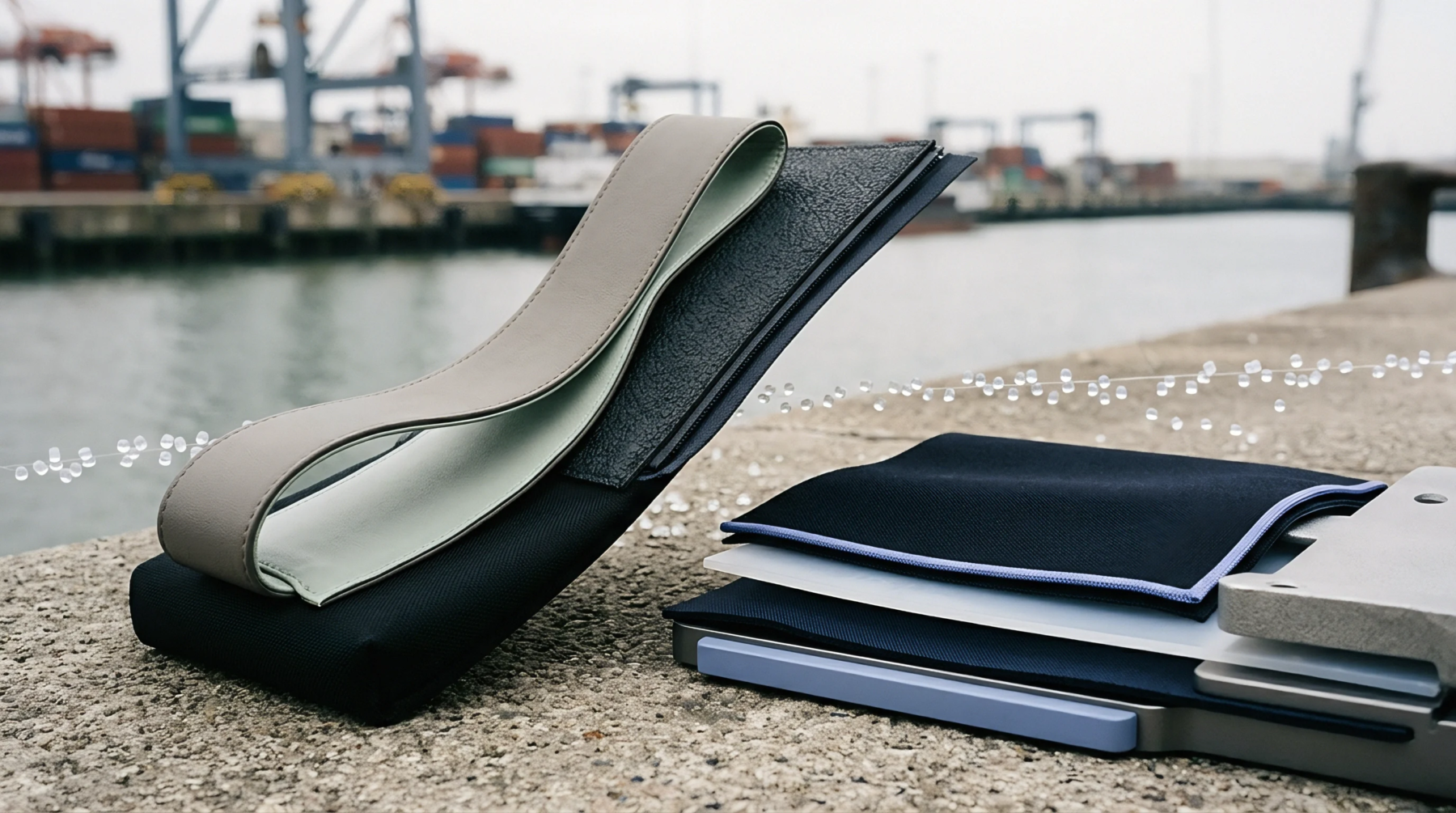 Textile swatches and industrial metal hardware samples rest on a concrete pier overlooking a container terminal with shipping cranes.
