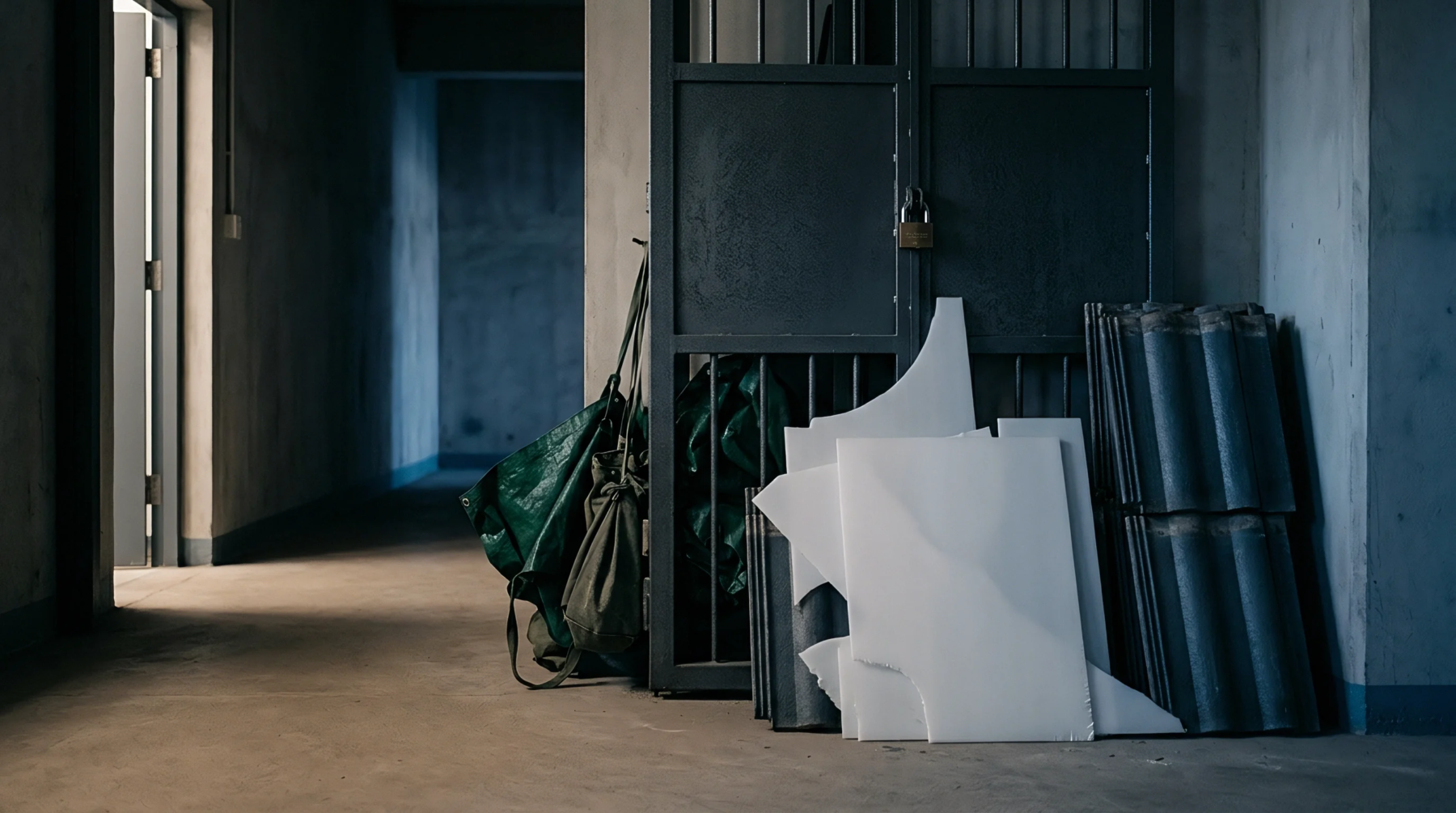 Industrial warehouse supplies including white resin panels and dark ceramic tiles sit beside a locked metal gate in a dim concrete corridor.