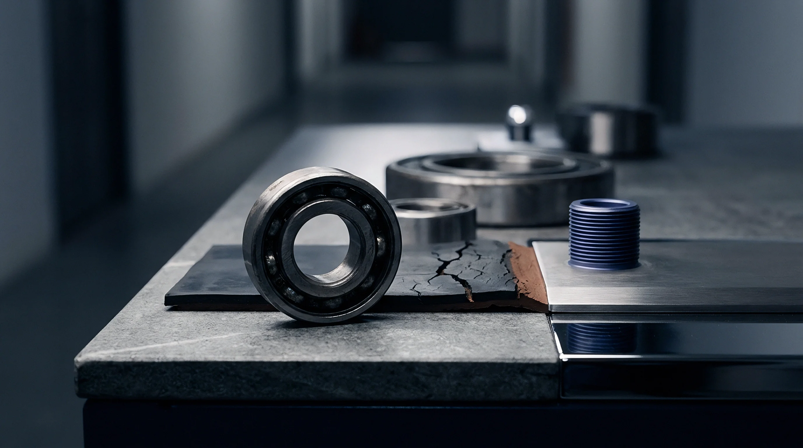 Steel ball bearings and industrial mechanical components rest on a workshop table beside material samples during supply chain inspection.