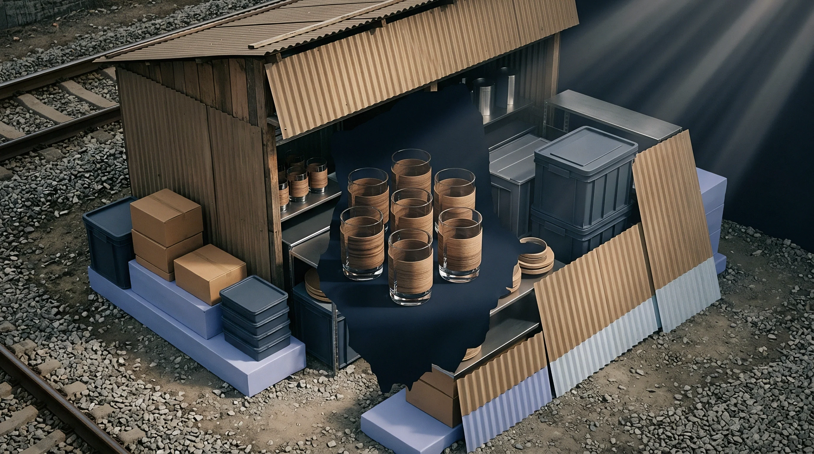 A digital render shows an industrial logistics shed near railway tracks, containing stacked packaging boxes, glassware samples, and modular storage containers.