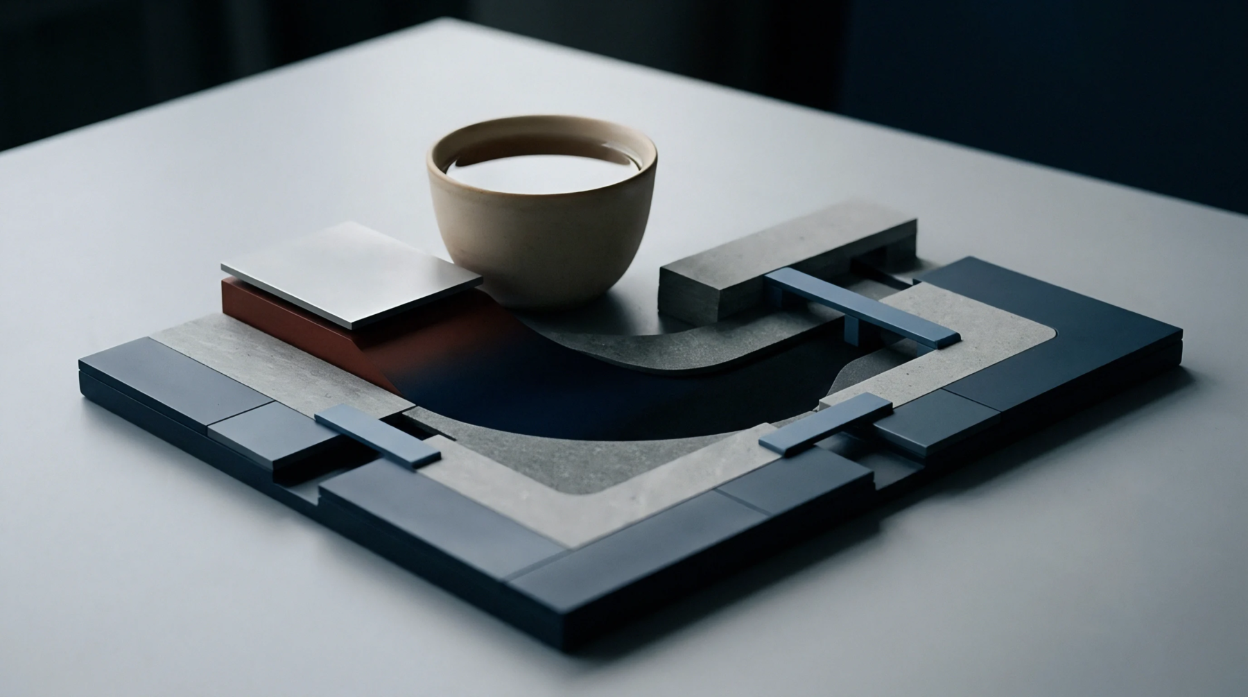 A modular architectural model featuring a gradient thermal channel and metallic plates rests upon a neutral grey tabletop next to a ceramic vessel.