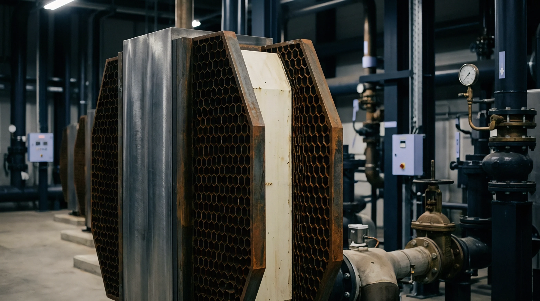 Large hexagonal industrial heat exchangers stand in a row within a factory setting, featuring metal grilles and casings.