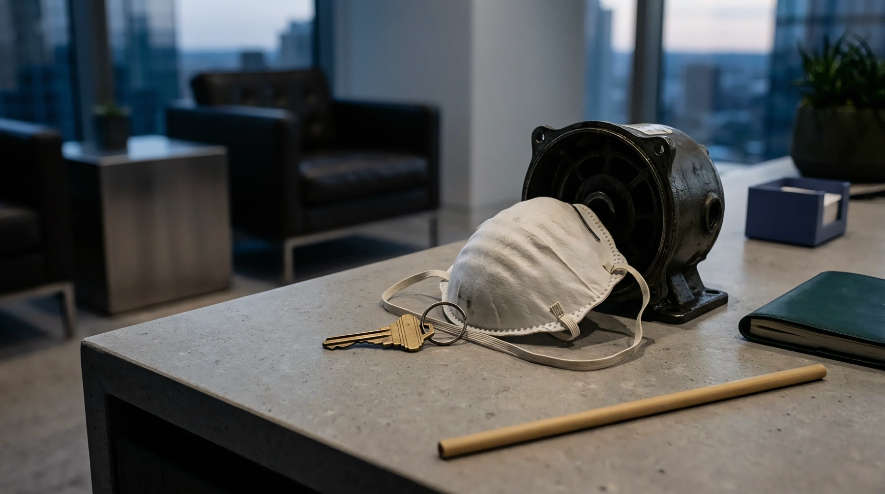 Folded particulate respirator mask rests beside a machined metal motor housing and brass keys on a concrete executive desk inside an urban headquarters.