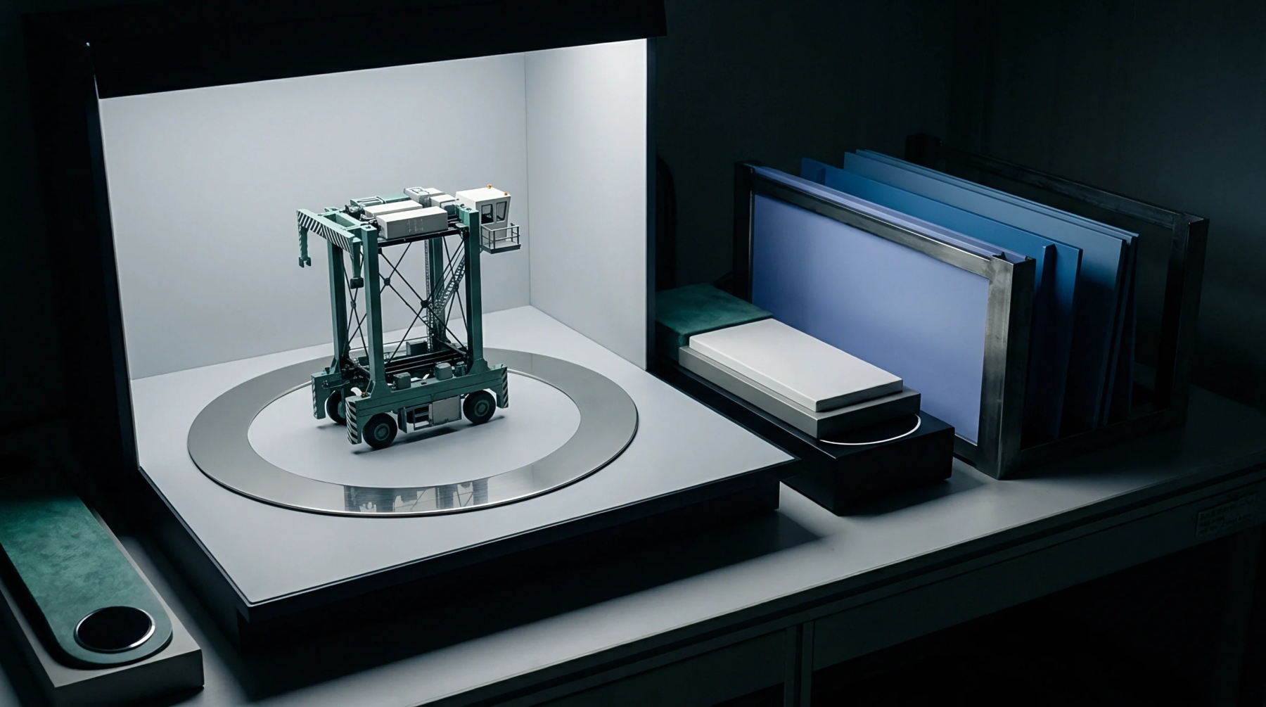 A digital render presents a miniature container crane positioned on a rotating turntable inside a minimalist lightbox alongside material sample boards.