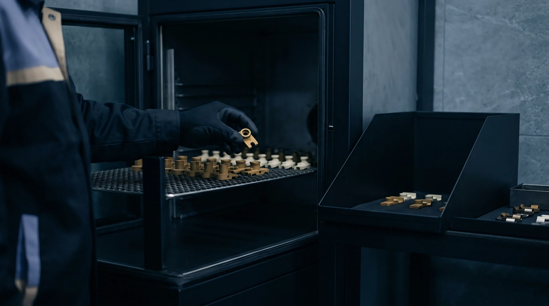 A technician wearing protective gloves places precision molded industrial components into an industrial heat treatment chamber.