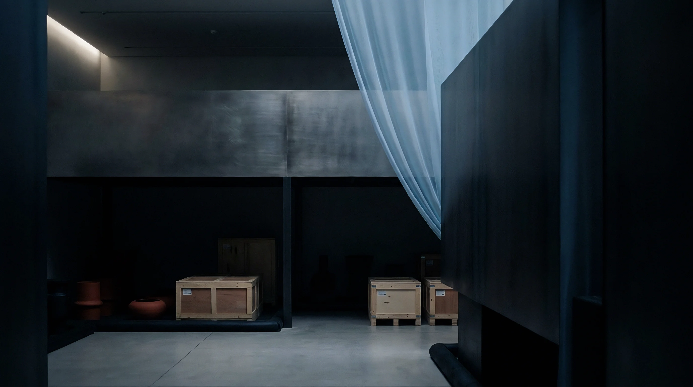 Wooden export crates rest on a grey concrete floor beneath a metallic mezzanine inside an industrial logistics facility.