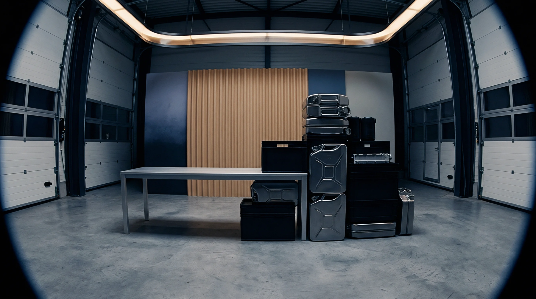 Metal jerry cans and polymer storage crates sit stacked beside a stainless steel workbench inside a concrete industrial logistics warehouse.