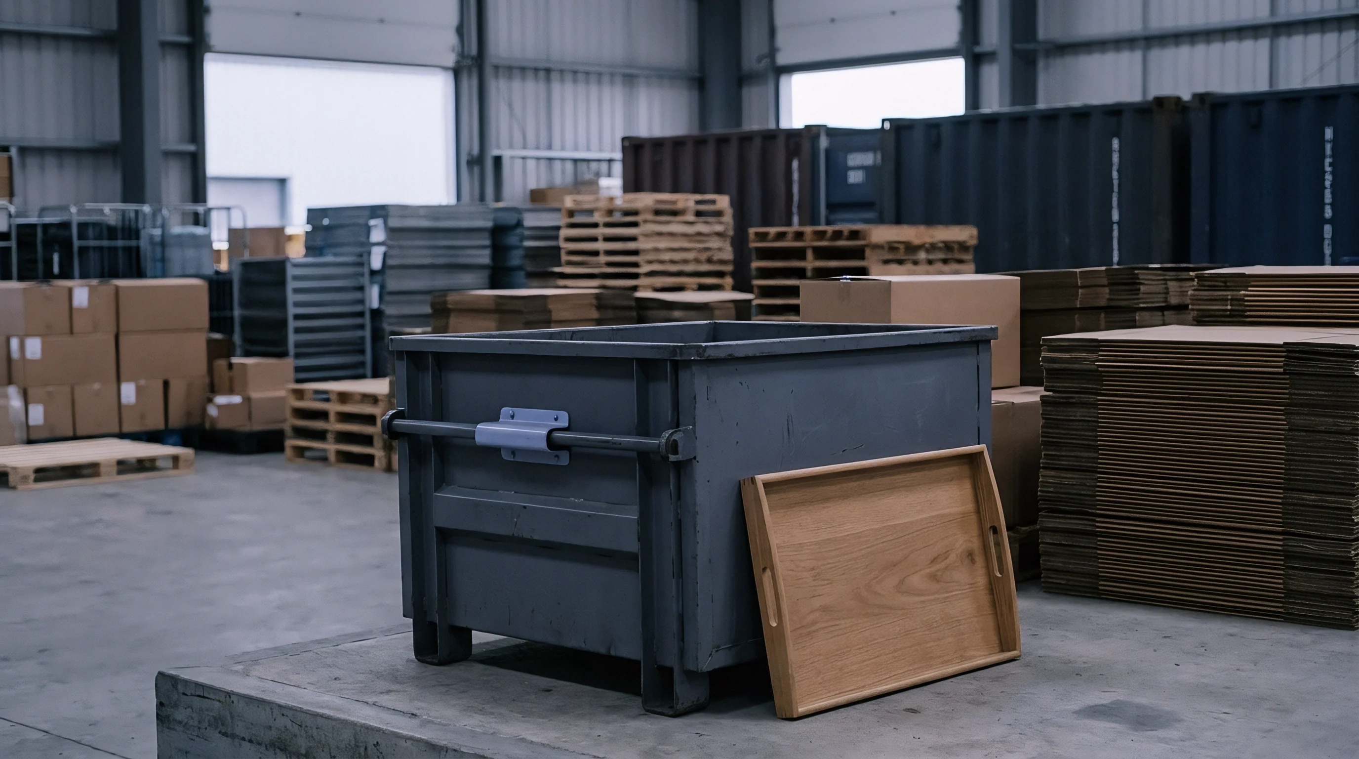 A large grey industrial bin sits on a concrete warehouse floor surrounded by stacked corrugated cardboard boxes, wooden pallets, and storage containers.