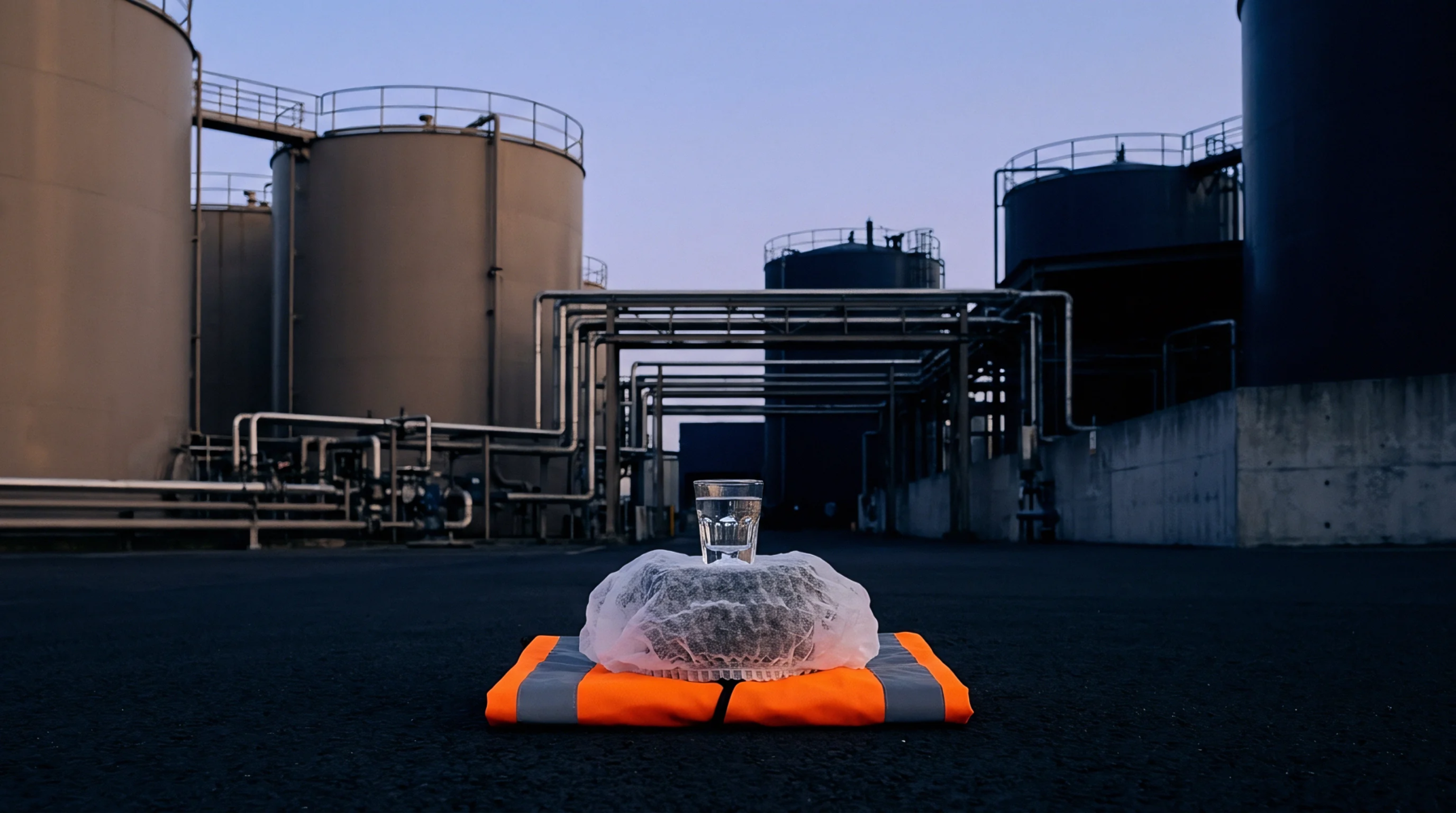 A glass of clear liquid and a mesh covered sample sit on an orange safety vest on asphalt amid industrial storage tanks.