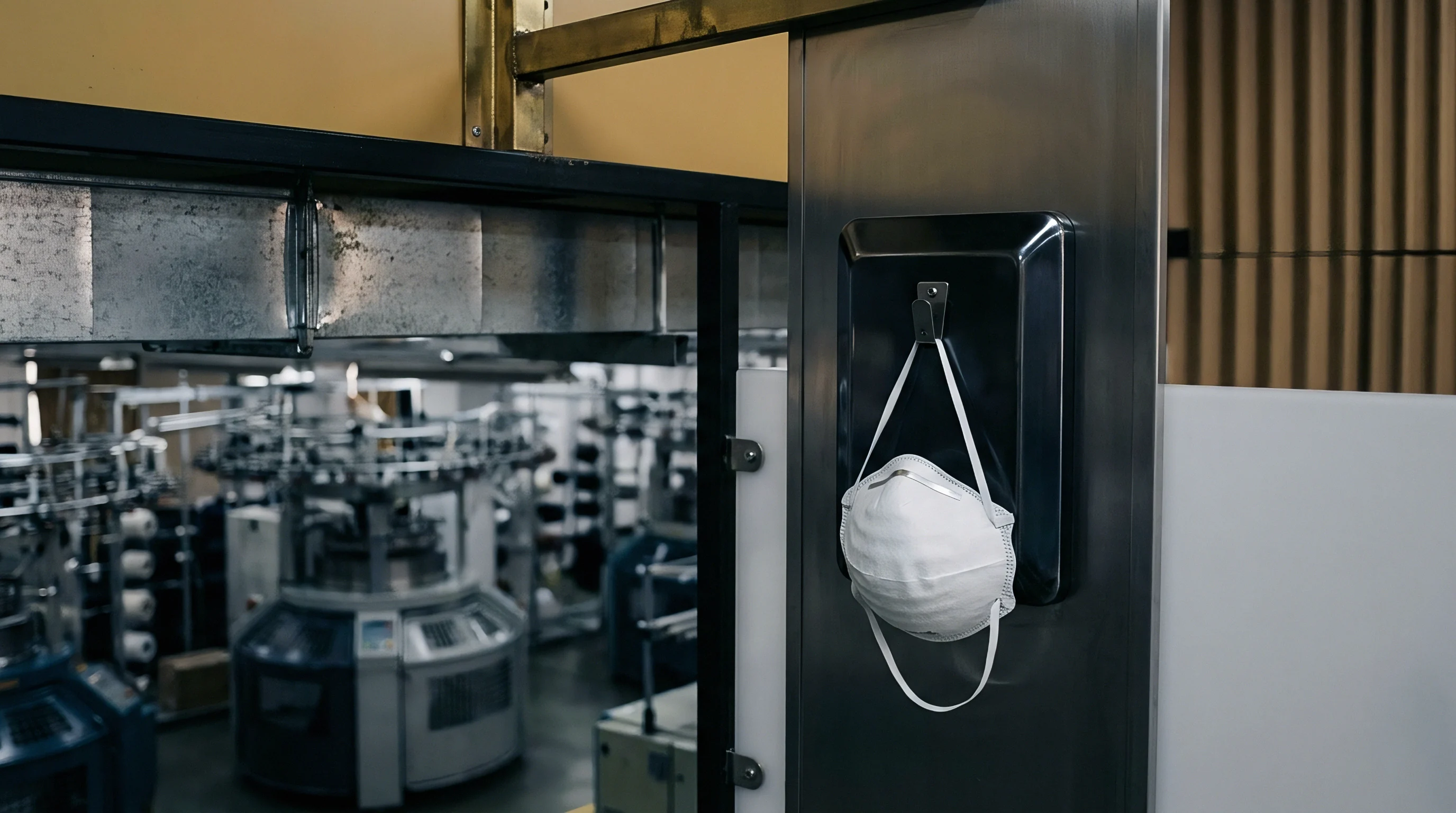 A molded white protective respirator mask hangs on a small metal hook attached to a vertical partition inside an industrial textile factory.