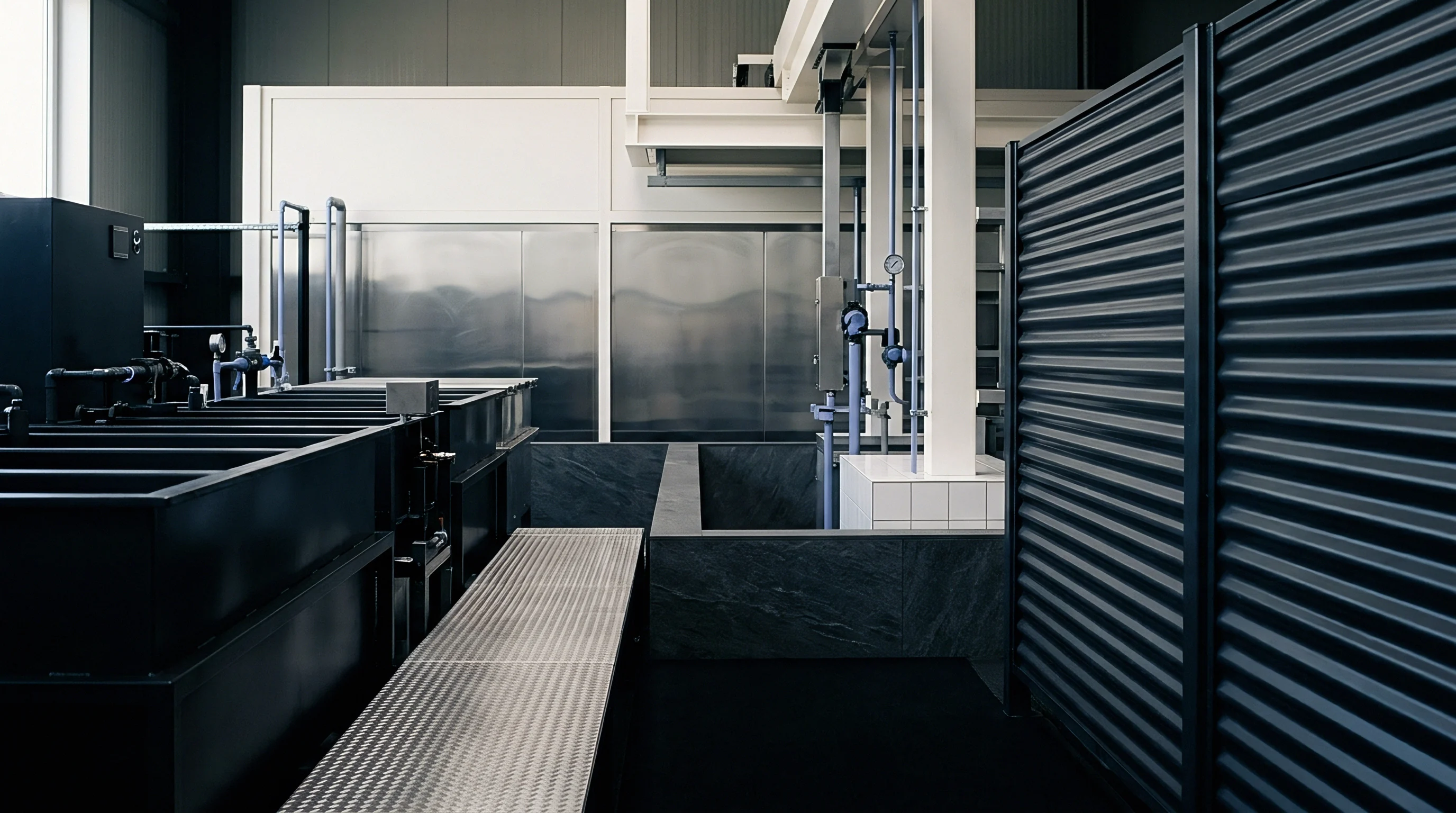 Heavy black industrial processing tanks and a metal checkerplate walkway fill the clean production workshop floor.