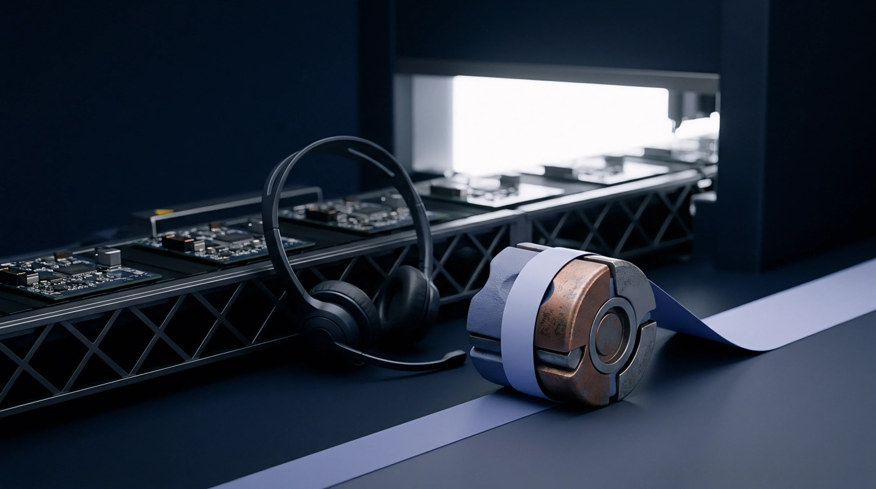 Electronic circuit boards travel along an automated assembly line track beside a headset and an industrial reel in a factory setting.
