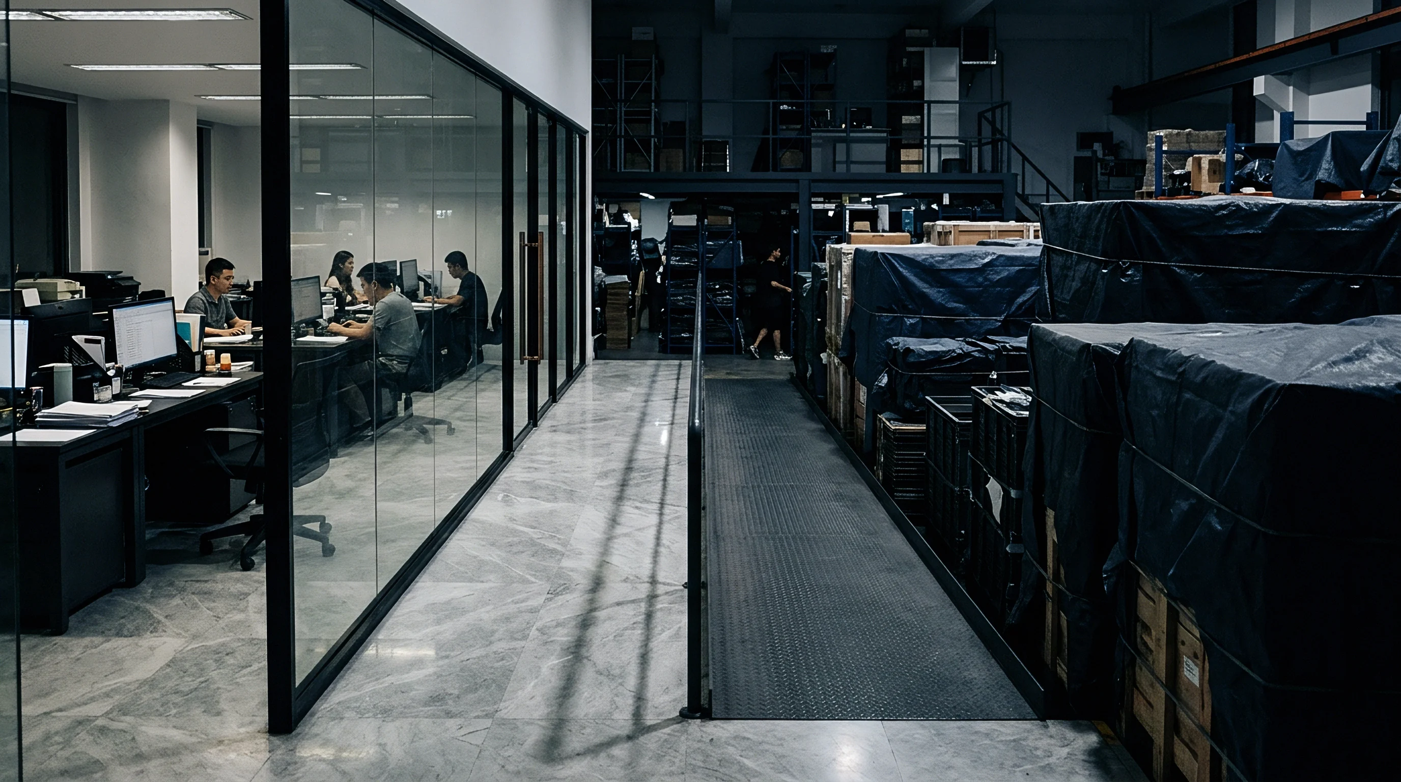 This photograph shows a modern office interior with workers at desks separated by glass from a dimly lit warehouse area with covered inventory.
