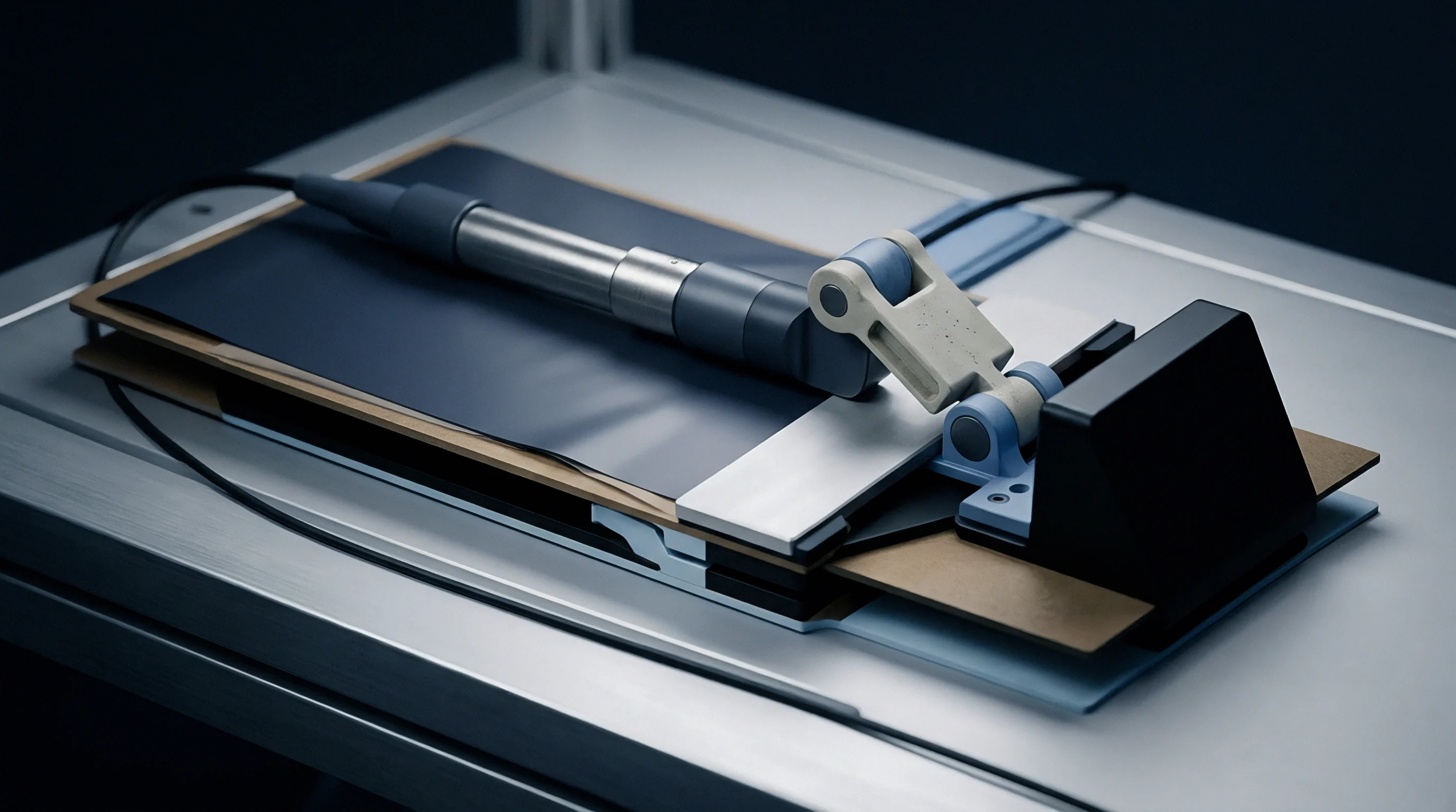 Digital render of a laboratory material testing fixture featuring a metallic probe and layered polymer sheets on a workshop workbench.