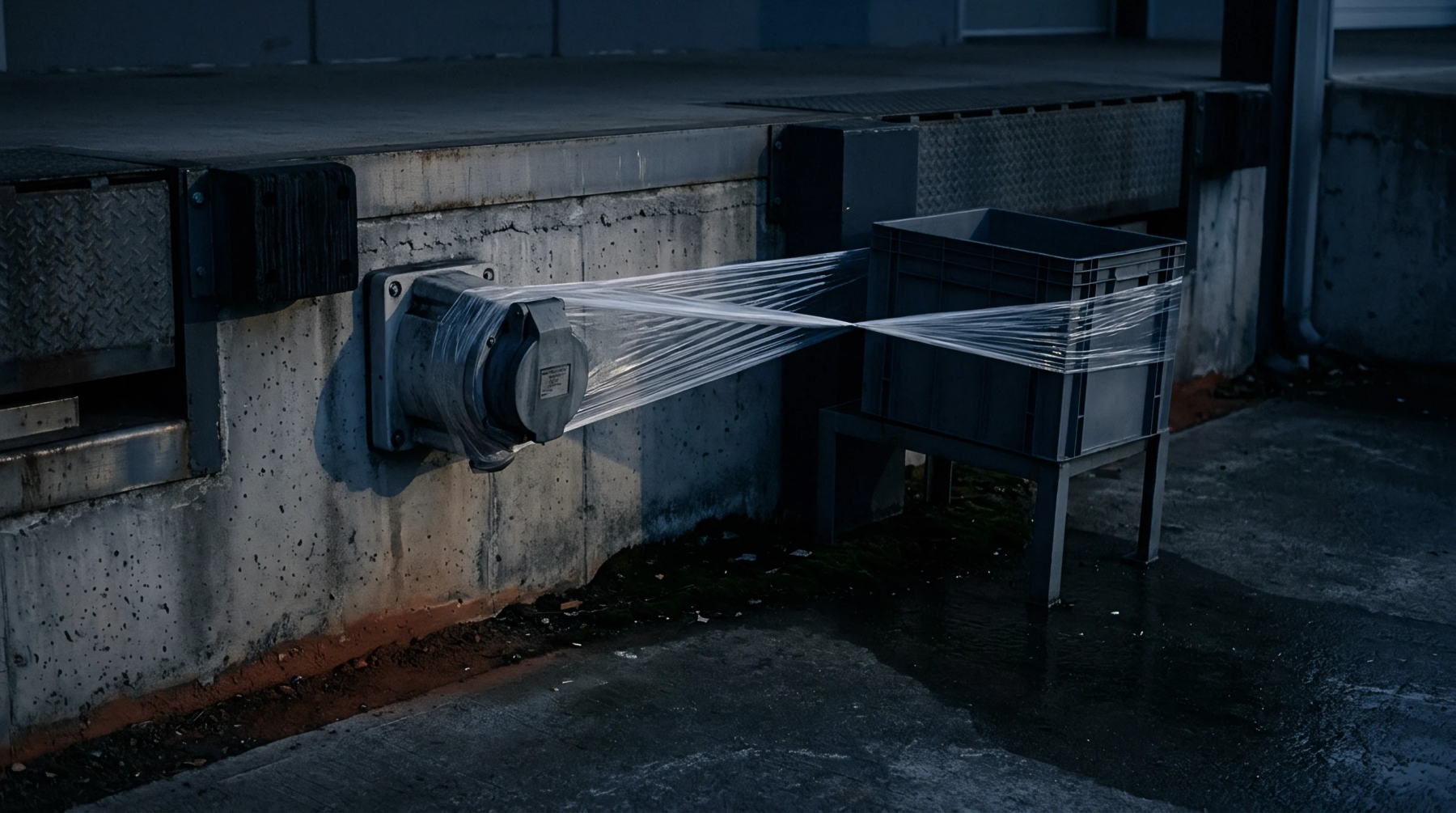 An industrial electrical socket mounted on a concrete loading dock wall is wrapped in stretch film connected to a plastic container.