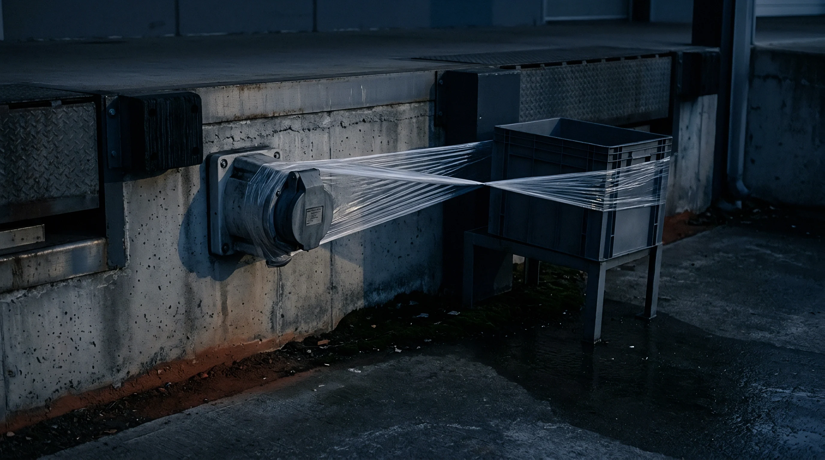 An industrial electrical socket mounted on a concrete loading dock wall is wrapped in stretch film connected to a plastic container.