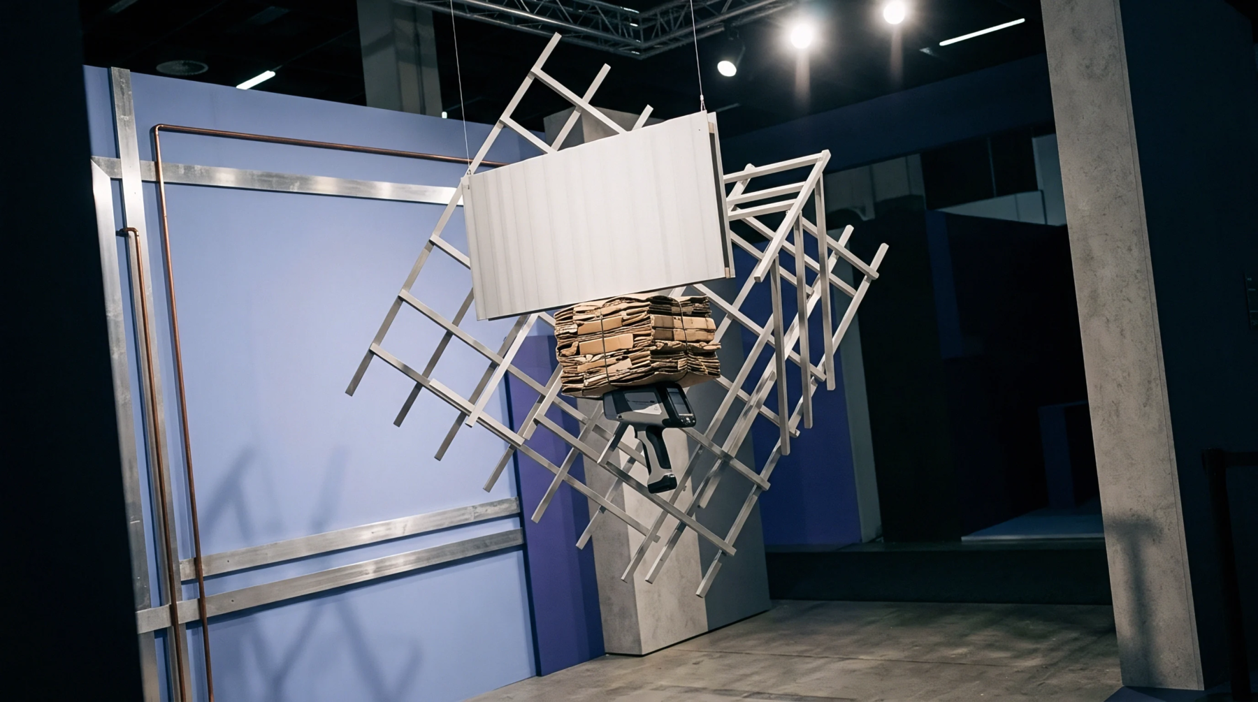 A suspended white lattice frame holds a stack of compressed cardboard materials and a digital scanning device in a trade exhibition warehouse setting.