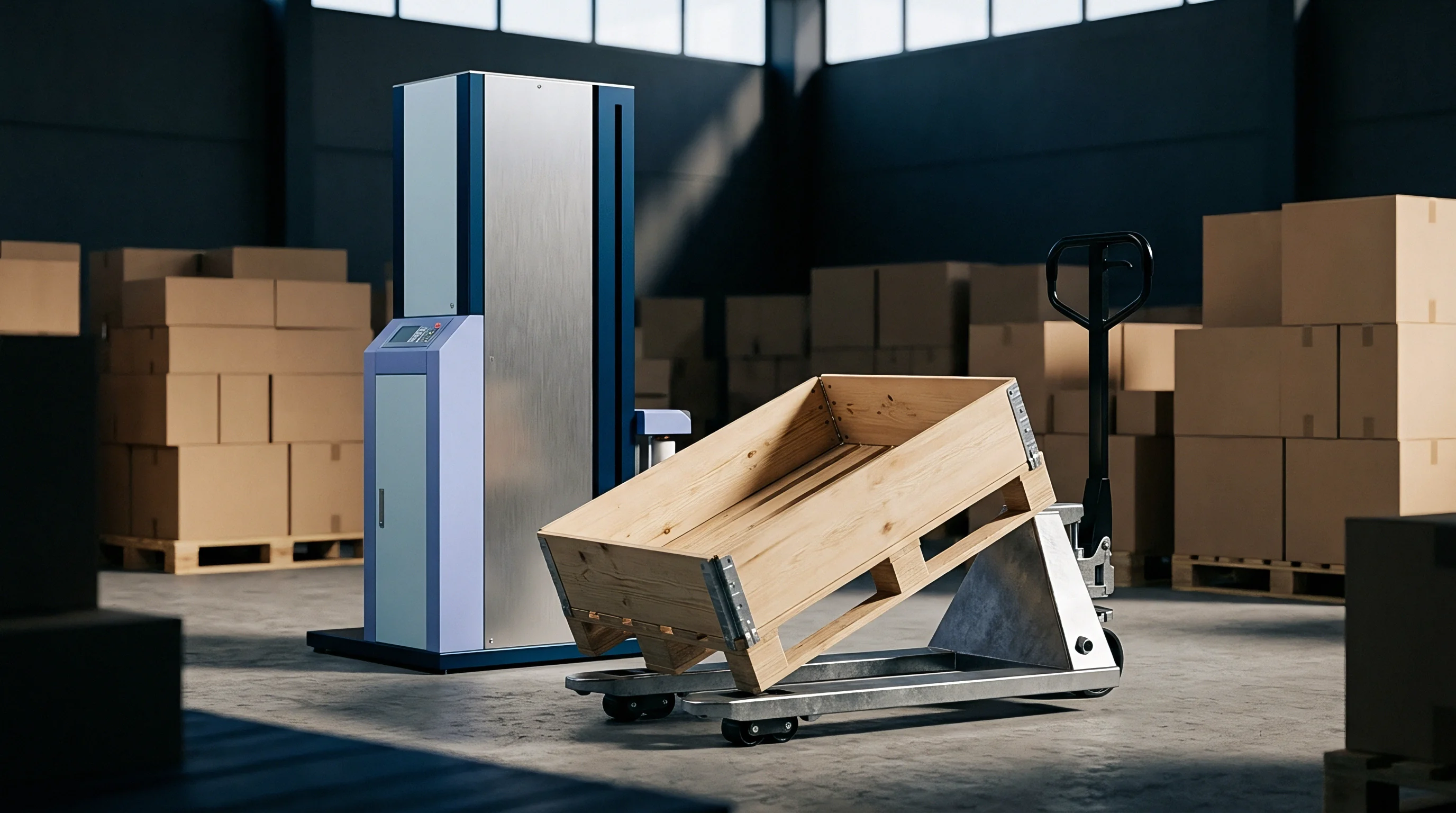 A manual pallet truck positions a wooden crate near a vertical stretch wrapping machine inside a corrugated box warehouse.