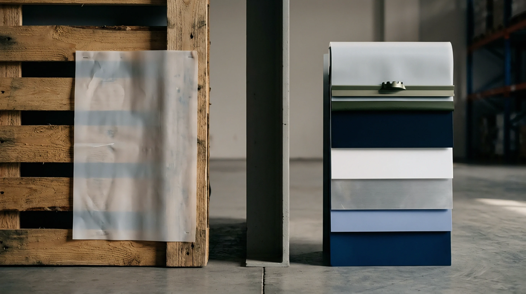 Polymer finish swatches and protective polymer film sheets rest inside a manufacturing warehouse facility near wooden pallets.