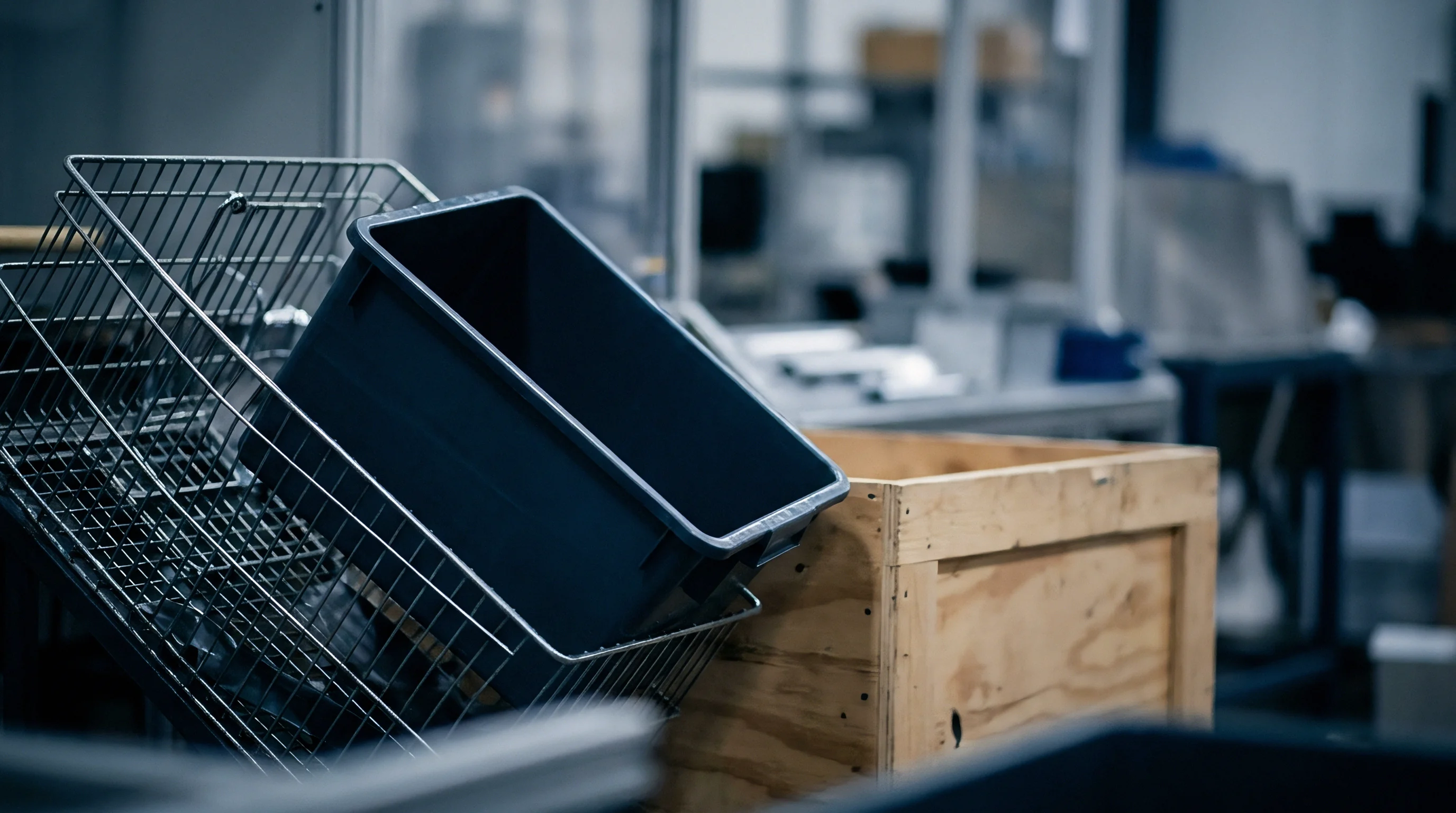 Heavy duty plastic totes and wire mesh bins rest inside a commercial assembly plant preparing for internal parts distribution.