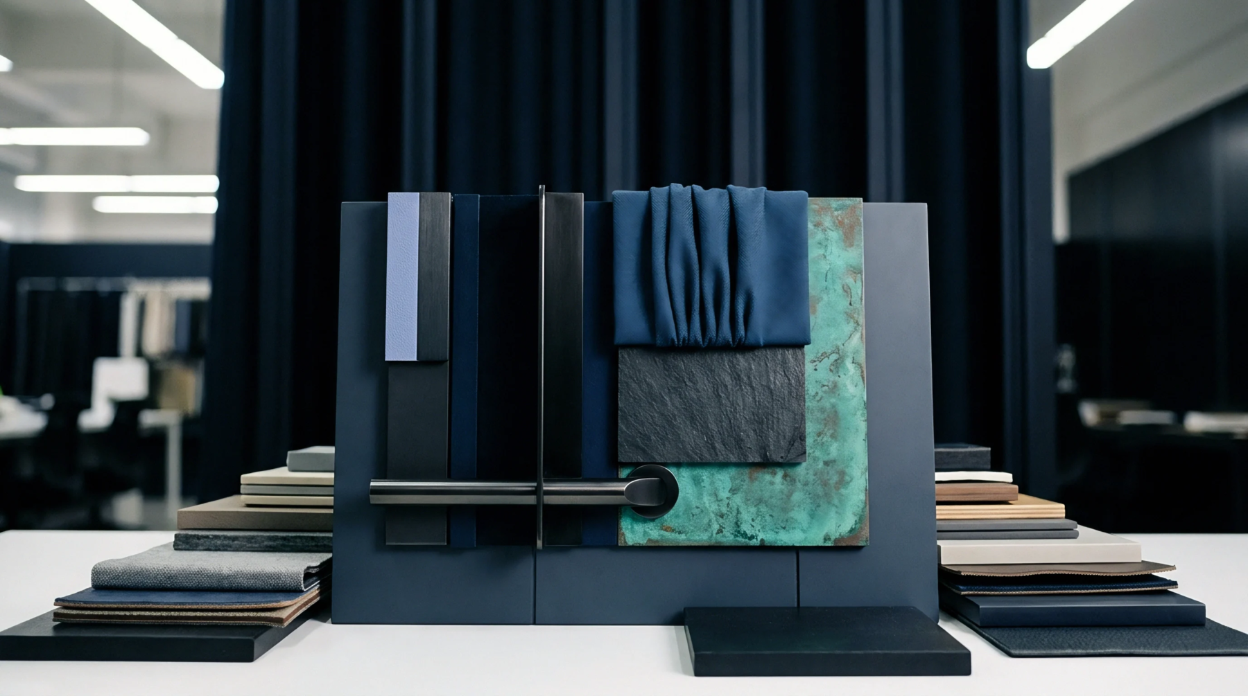 Various material swatches including textiles slate and metal finishes are arranged on a dark display board inside a sample evaluation room.
