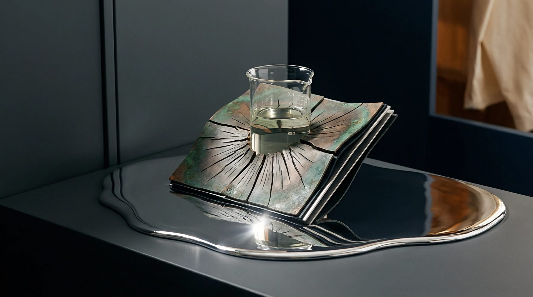 A glass laboratory beaker holds process fluid above an oxidized metal sample resting on a reflective chrome testing surface inside a facility.