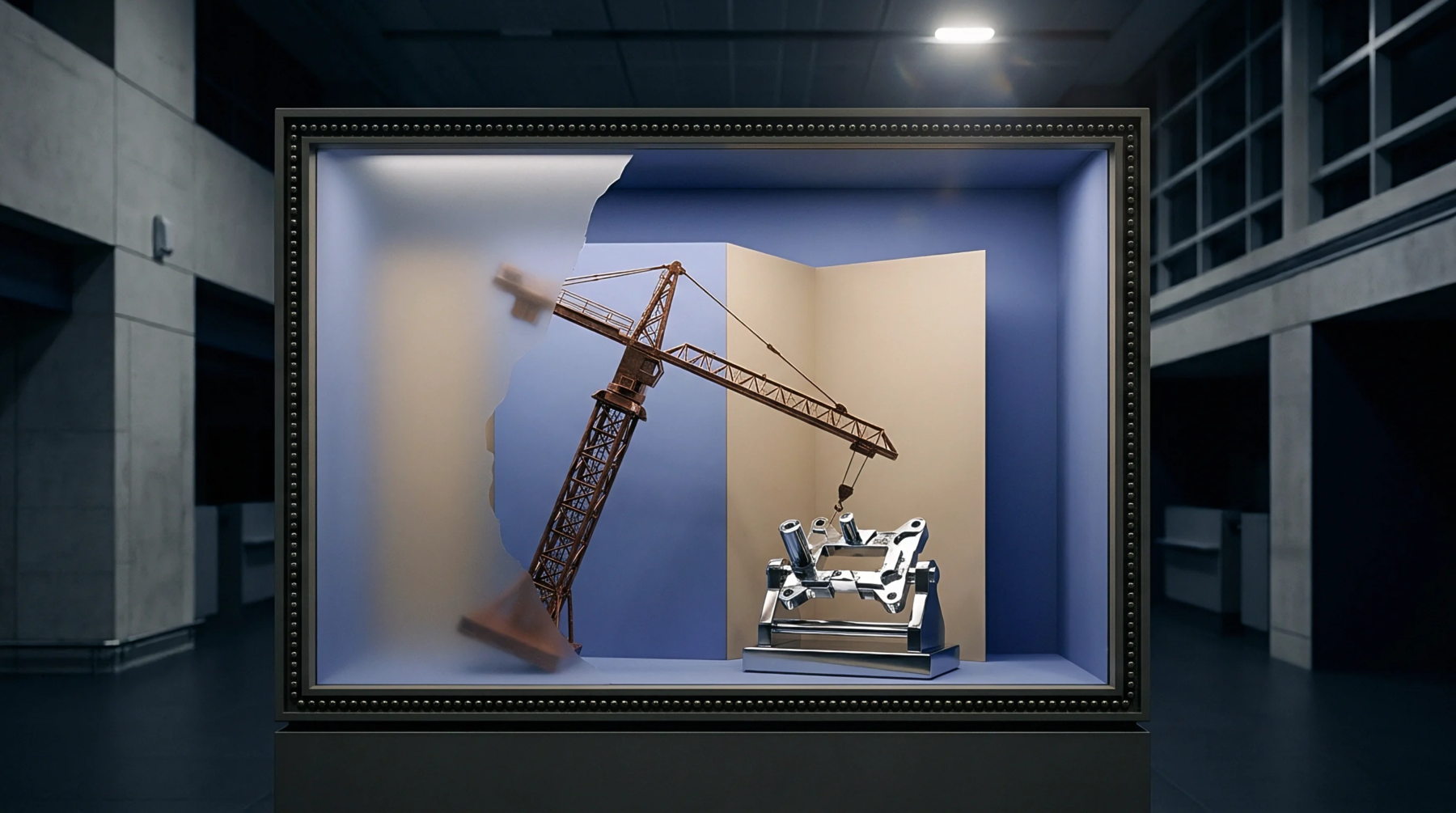 Three dimensional digital render inside a glass frame features a metal mechanical component near a miniature yellow construction crane standing on a floor.