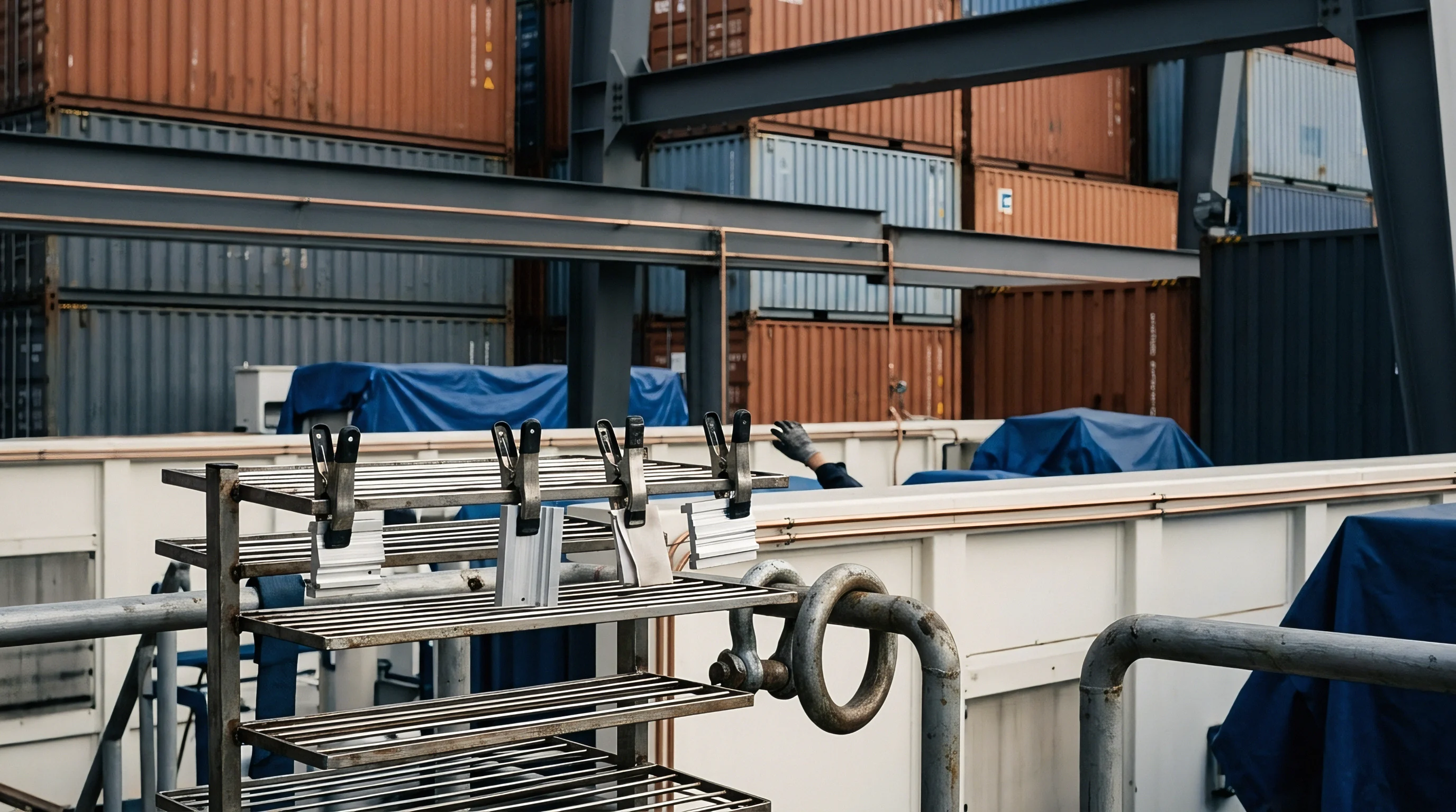Aluminum test panels hang from spring clamps on a metal rack inside a busy freight container shipping yard.