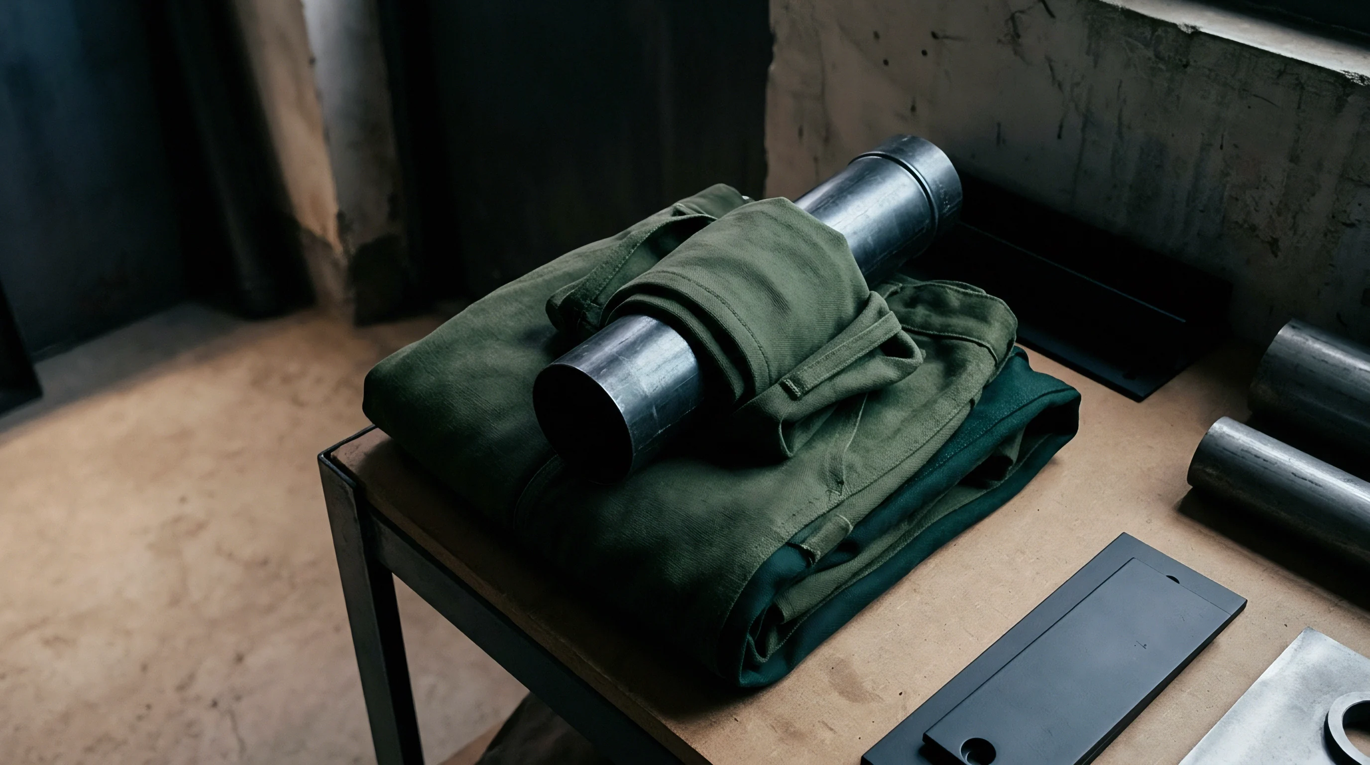 Metal tubing rests securely inside folded green fabric on a wooden workbench within a metalworking facility.