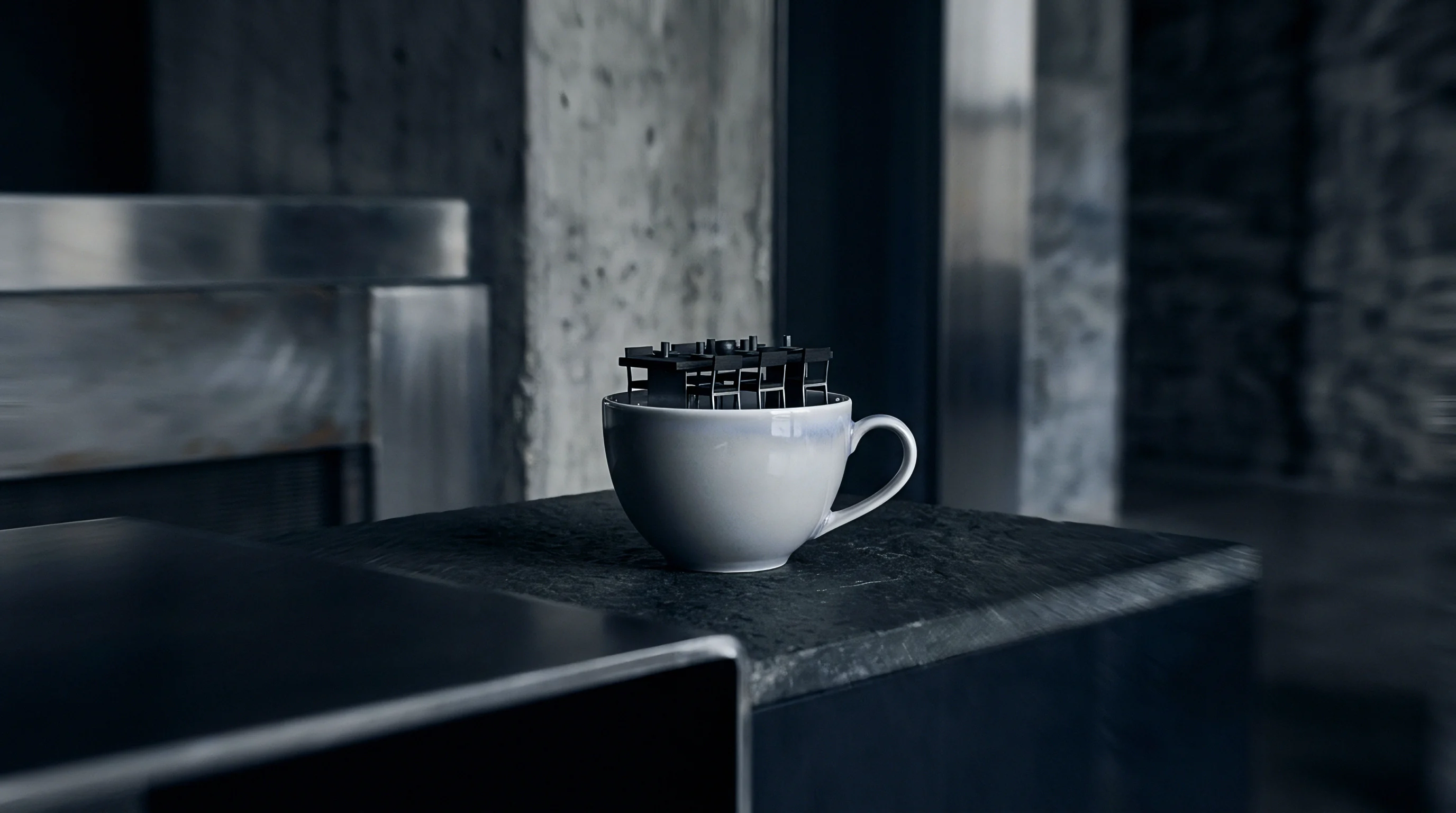 A miniature black plastic table and chairs set sits inside a grey ceramic coffee cup resting on a dark concrete pedestal.