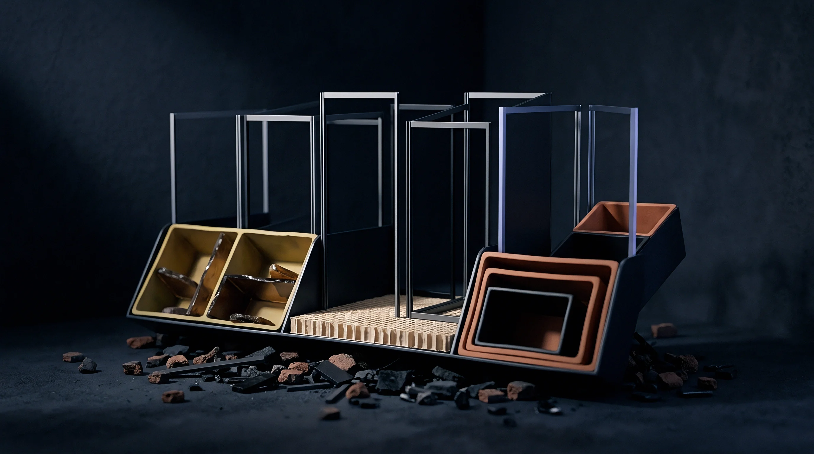 Modular metal display fixture prototypes featuring integrated terracotta trays and honeycomb panels sit on a dark industrial test surface.