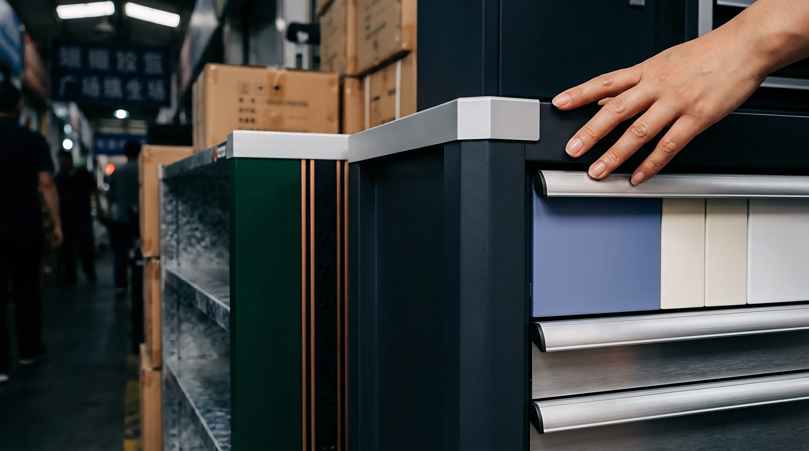 Factory worker inspects modular metal tool cabinet assembly featuring colored drawer fronts inside a crowded industrial manufacturing warehouse.
