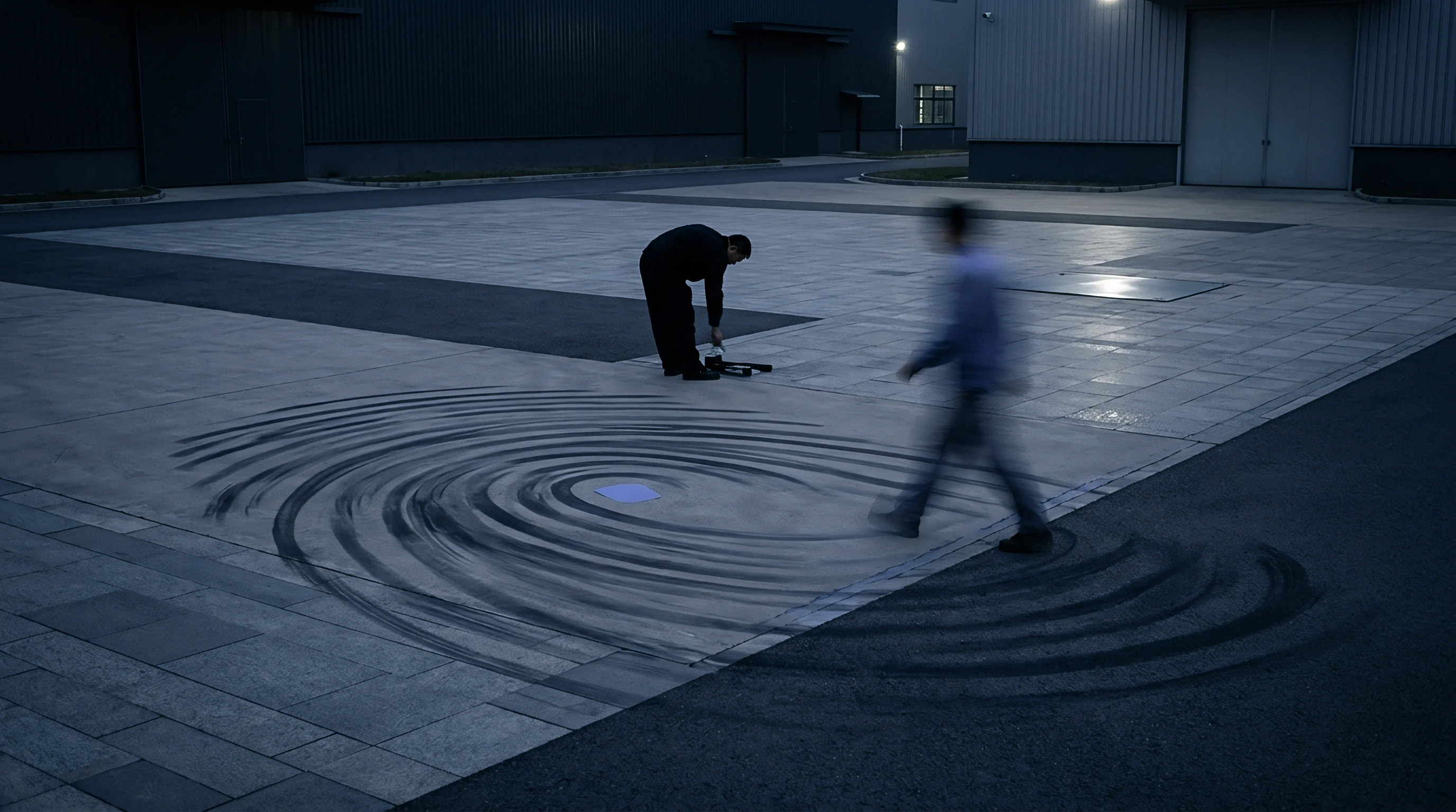 Workers inspect painted circular line markings on the paved concrete courtyard of a heavy manufacturing facility during night operations.
