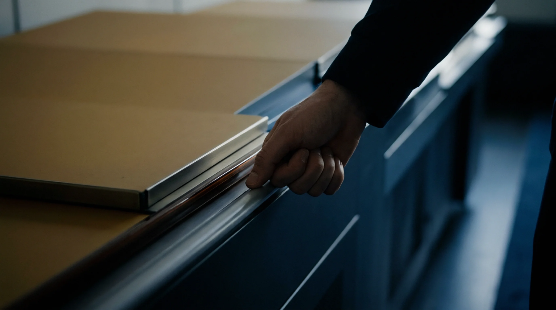 An industrial operator grips a metal guide rail on a large packaging workbench inside a manufacturing facility.