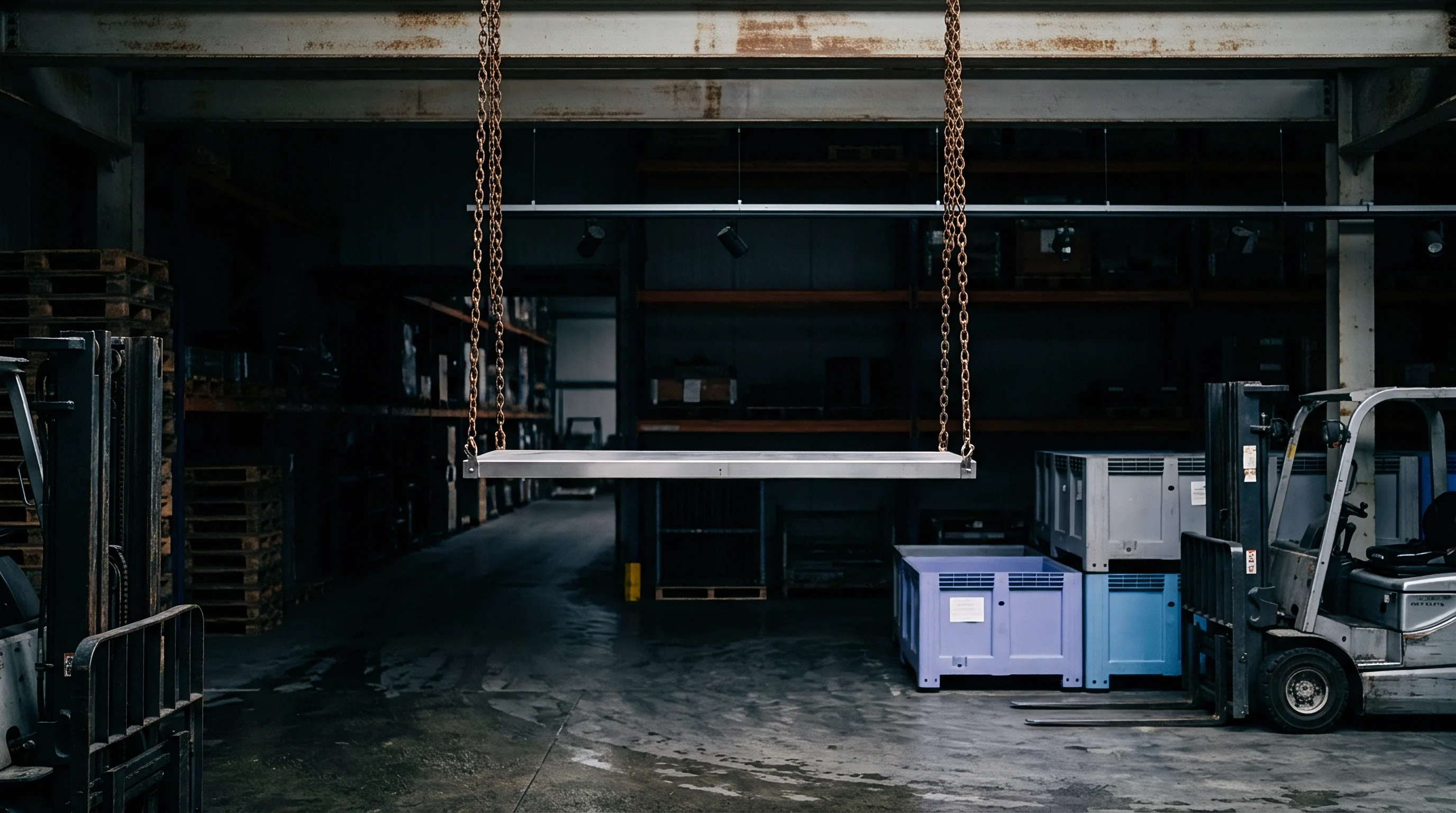 Heavy steel chains suspend a metal platform above the concrete floor between industrial forklifts inside a dimly lit manufacturing warehouse.