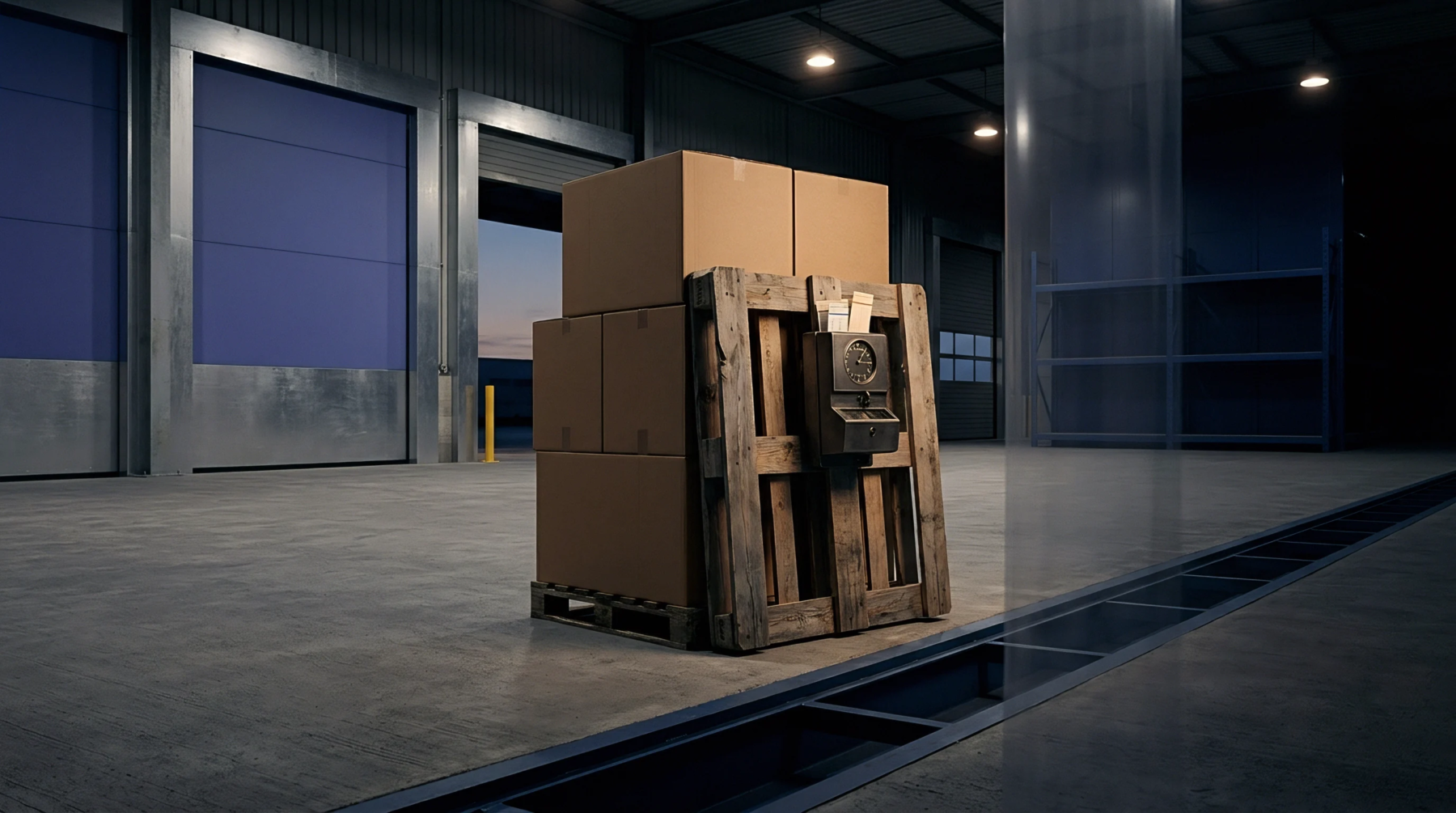 Cardboard boxes rest on a wooden pallet fitted with a mechanical time clock inside a dimly lit industrial warehouse.